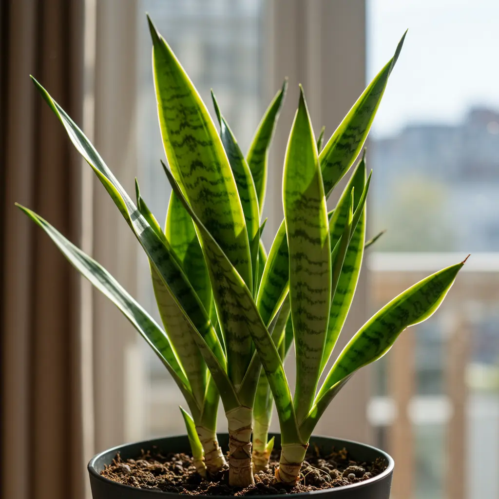An image illustrating Photorealistic image, 16:9 aspect ratio. A healthy, vibrant Dracaena trifasciata (snake plant) in a well-fitting pot, showcasing visible new growth (e.g., small pups emerging from the soil or new, taller leaves unfurling). The plant is situated in a bright, airy room with soft, indirect sunlight illuminating its leaves, highlighting its healthy green color and subtle variegation. The background is slightly blurred, focusing on the plant. Mood: optimistic, thriving, encouraging. --no wilted leaves --no direct harsh sunlight --no overly dark shadows.