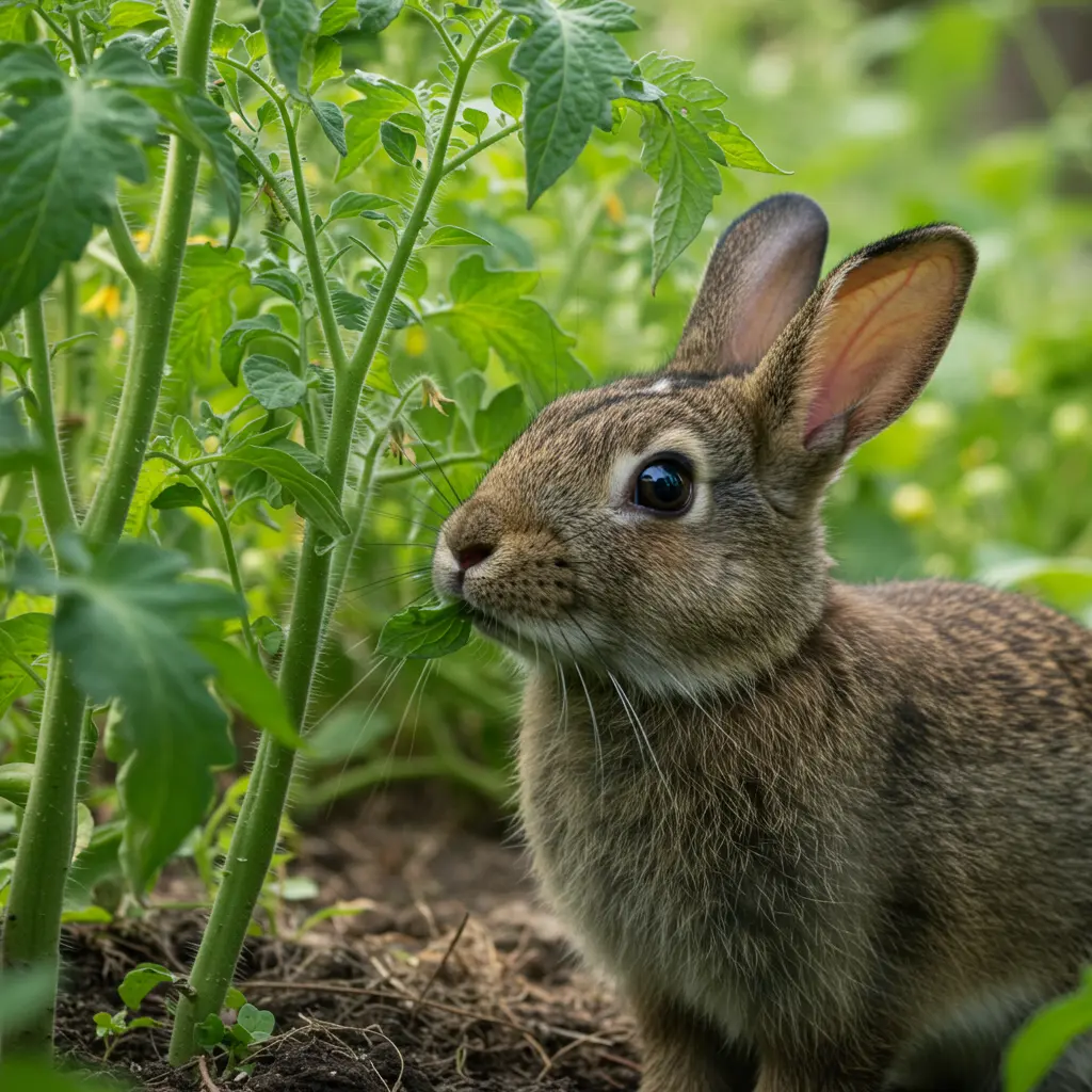 An image illustrating Photorealistic eye-level shot of a healthy domestic rabbit (e.g., Dutch or Lop) cautiously sniffing near the green leaves and stem of a tomato plant in a sunlit garden setting. The focus is sharp on the rabbit, with the tomato plant slightly blurred in the background (shallow depth of field). Mood is curious yet watchful, highlighting potential danger without showing actual ingestion or distress. Bright, natural daylight. 16:9 aspect ratio. --no eating --no visible distress --no people