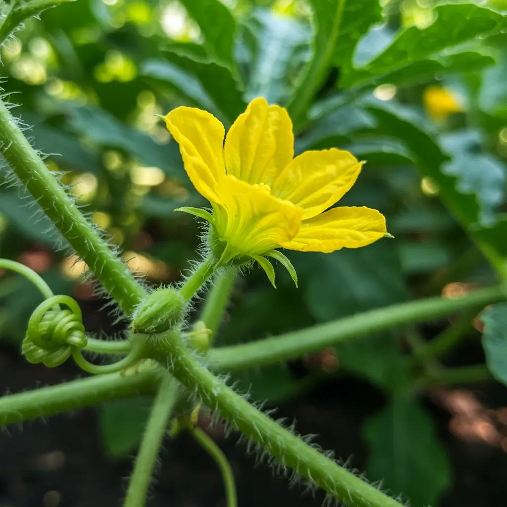 An image illustrating Photorealistic close-up, eye-level view of a vibrant yellow watermelon female flower on a healthy green vine. The tiny, nascent watermelon (ovary) at the base of the flower is clearly visible and slightly swollen, indicating successful pollination. Bright, natural sunlight illuminates the scene, highlighting the delicate textures of the flower and the dew-kissed leaves in the background. The overall mood is hopeful and encouraging, with a lush garden setting. 16:9 aspect ratio. --no text --no people