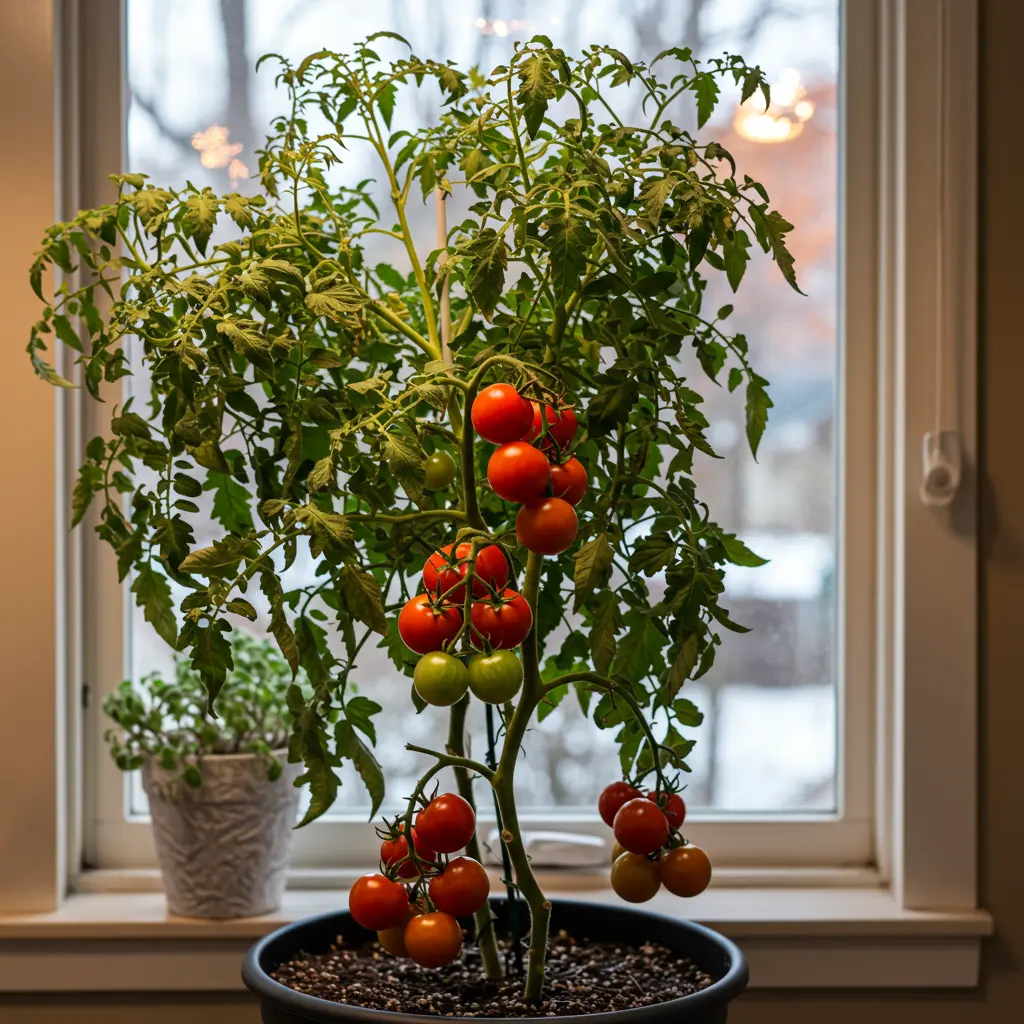 An image illustrating Photorealistic, eye-level shot, 16:9 aspect ratio. A lush, mature indeterminate tomato plant, heavy with ripe fruit and vibrant green foliage, growing vigorously in a large container indoors. Through a nearby window, a soft, out-of-focus wintery or late autumn scene is visible, highlighting the plant's extended life indoors. The indoor environment is bright and warm, with perhaps a hint of a grow light. Mood is hopeful and successful. --no clutter --no sickly plants.
