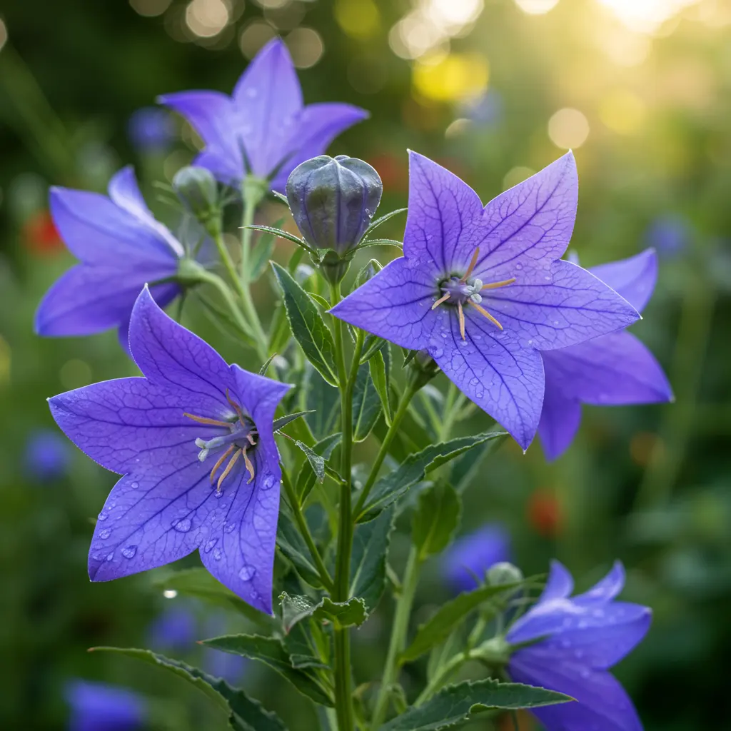 An image illustrating Photorealistic close-up of a vibrant Platycodon grandiflorus (balloon flower) plant in a sunlit garden. Feature a prominent, perfectly formed, inflated blue balloon-like bud about to pop, alongside several fully open, star-shaped blue and pink balloon flowers. Dew drops on petals. Softly blurred background of green foliage and other garden flowers, conveying a healthy, thriving plant. Bright, natural morning sunlight creating a cheerful and inviting mood. 16:9 aspect ratio. --no text --no people