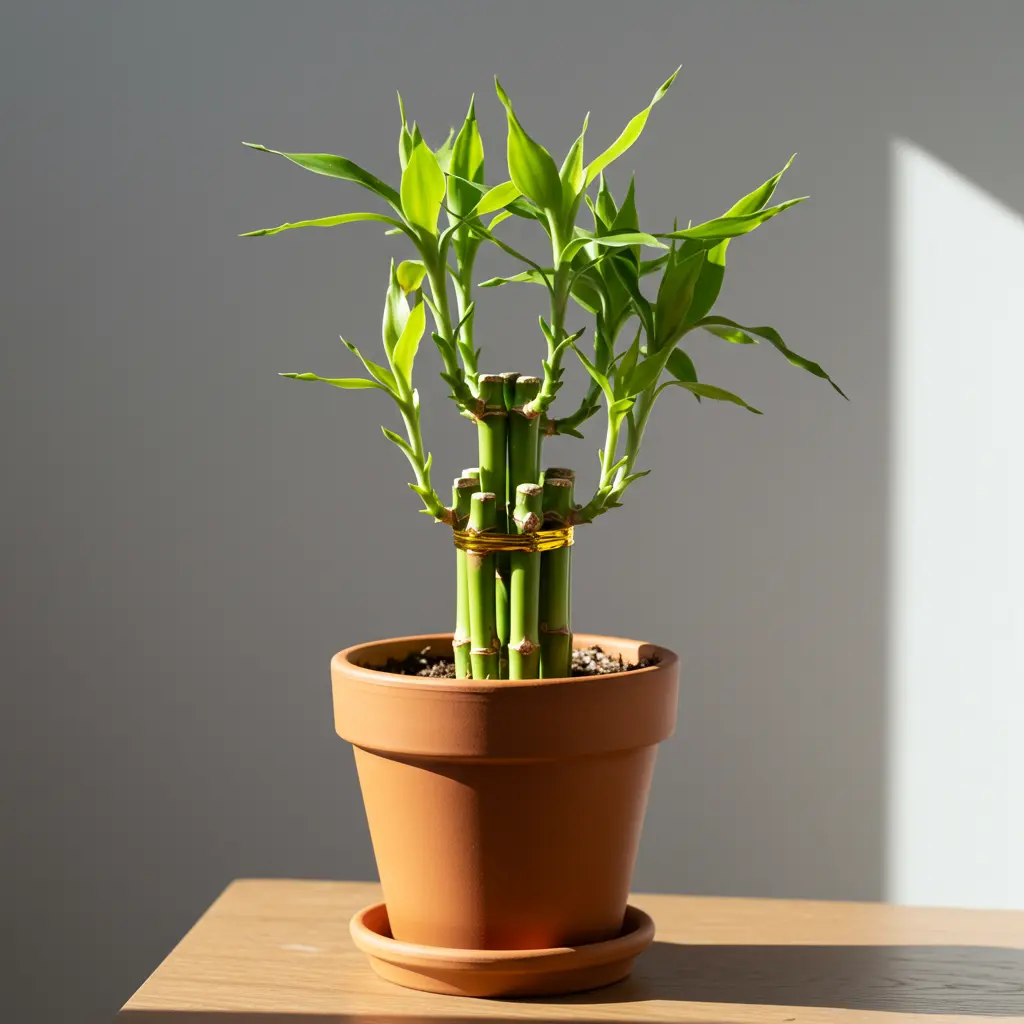An image illustrating Photorealistic, eye-level medium shot of a thriving lucky bamboo plant with vibrant green stalks and leaves, potted in a stylish terracotta pot with a visible drainage saucer underneath. The soil appears healthy and slightly moist. The scene is illuminated by bright, soft, natural window light, creating an encouraging and healthy atmosphere. Clean, minimalist background. 16:9 aspect ratio. --no wilted leaves, --no overwatered soil, --no distracting elements.