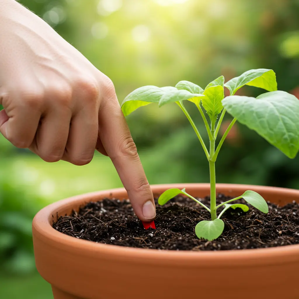 An image illustrating Photorealistic, 16:9 aspect ratio. Close-up, eye-level view of a gardener's hands gently performing the 'finger test' for soil moisture in a terracotta pot containing a vibrant, healthy green leafy outdoor plant. One finger is inserted about an inch into rich, dark, slightly moist soil. Soft, natural morning sunlight illuminates the scene, highlighting the texture of the soil and the plant's leaves. The background is a softly blurred, lush home garden, conveying a healthy and thriving environment. Mood: educational, encouraging, and hopeful. Colors: natural greens, earthy browns, terracotta. --no text --no overly dry or waterlogged soil