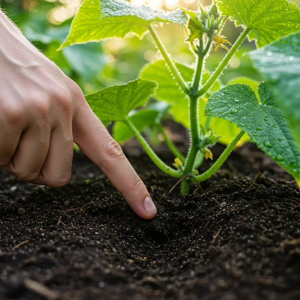 An image illustrating Photorealistic close-up, eye-level view of a hand gently performing the 'finger test' in rich, dark, moist soil at the base of a healthy, vibrant green cucumber plant. Dew drops on leaves. Bright, natural morning sunlight filtering through leaves, creating a hopeful and encouraging atmosphere. Focus on the finger inserted about an inch or two into the soil. Garden setting. 16:9 aspect ratio. --no dry, cracked soil, --no wilted plants in the main focus.