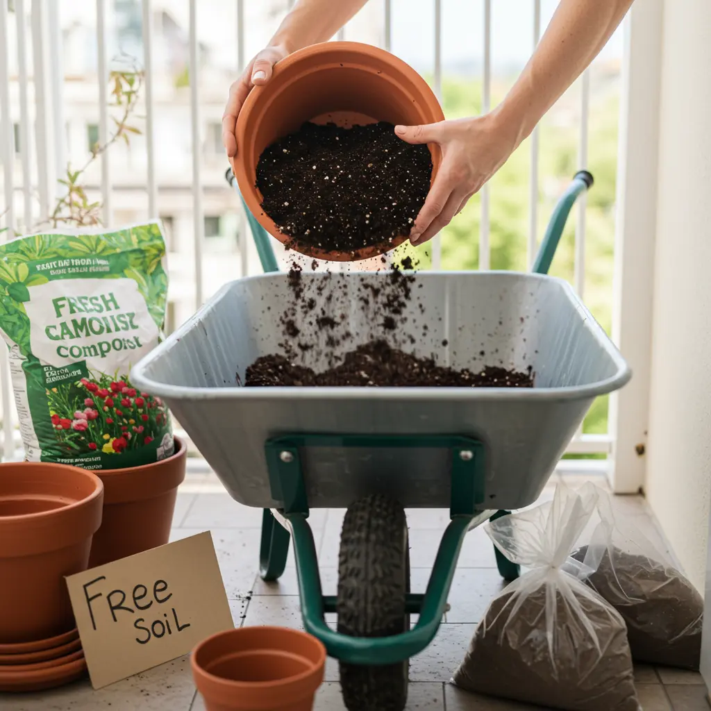 An image illustrating Eye-level view, photorealistic: A person's hands gently tipping used potting soil from a terracotta container into a clean wheelbarrow. Nearby, clearly visible options include a bag of fresh compost, a small handwritten 'Free Soil' sign leaning against another pot, and a neatly tied clear bag containing old soil ready for disposal. Scene is set on a clean patio or apartment balcony suggesting a home garden context. Bright, natural daylight illuminates the scene, creating a hopeful, practical, and encouraging mood. Focus is sharp on the soil and hands. 16:9 aspect ratio. --no overly messy or dirty environment, --no brand names.