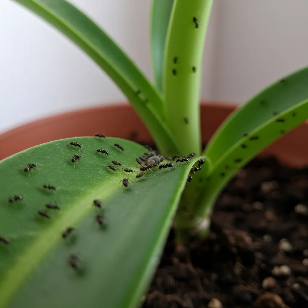 An image illustrating Eye-level, photorealistic shot focusing on a lush green houseplant leaf where tiny black ants are clearly visible, tending a small cluster of barely visible aphids secreting honeydew. Soft, natural indoor lighting. Shallow depth of field blurring the background pot and soil slightly. Calm, slightly concerned mood. 16:9 aspect ratio. --no text