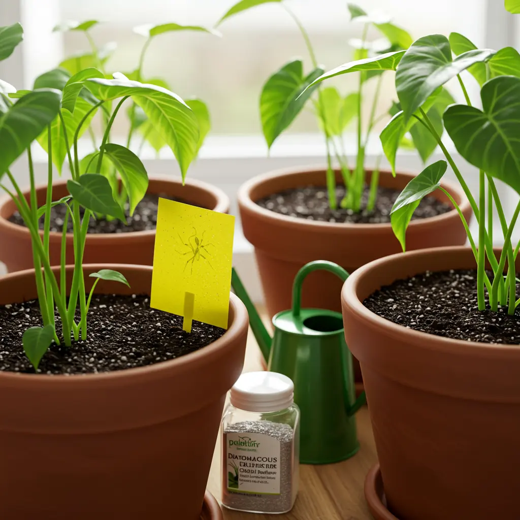 An image illustrating Photorealistic close-up, eye-level view of several healthy green indoor houseplants in terracotta pots. Focus is on the soil surface: one pot has a yellow sticky trap inserted, nearby sits a small container of Diatomaceous Earth and a clean watering can, suggesting treatment methods. Bright, natural window light illuminates the scene, creating a clean, hopeful, solution-oriented mood. 16:9 aspect ratio. --no visible bugs crawling, --no dying plants, --no messy application.