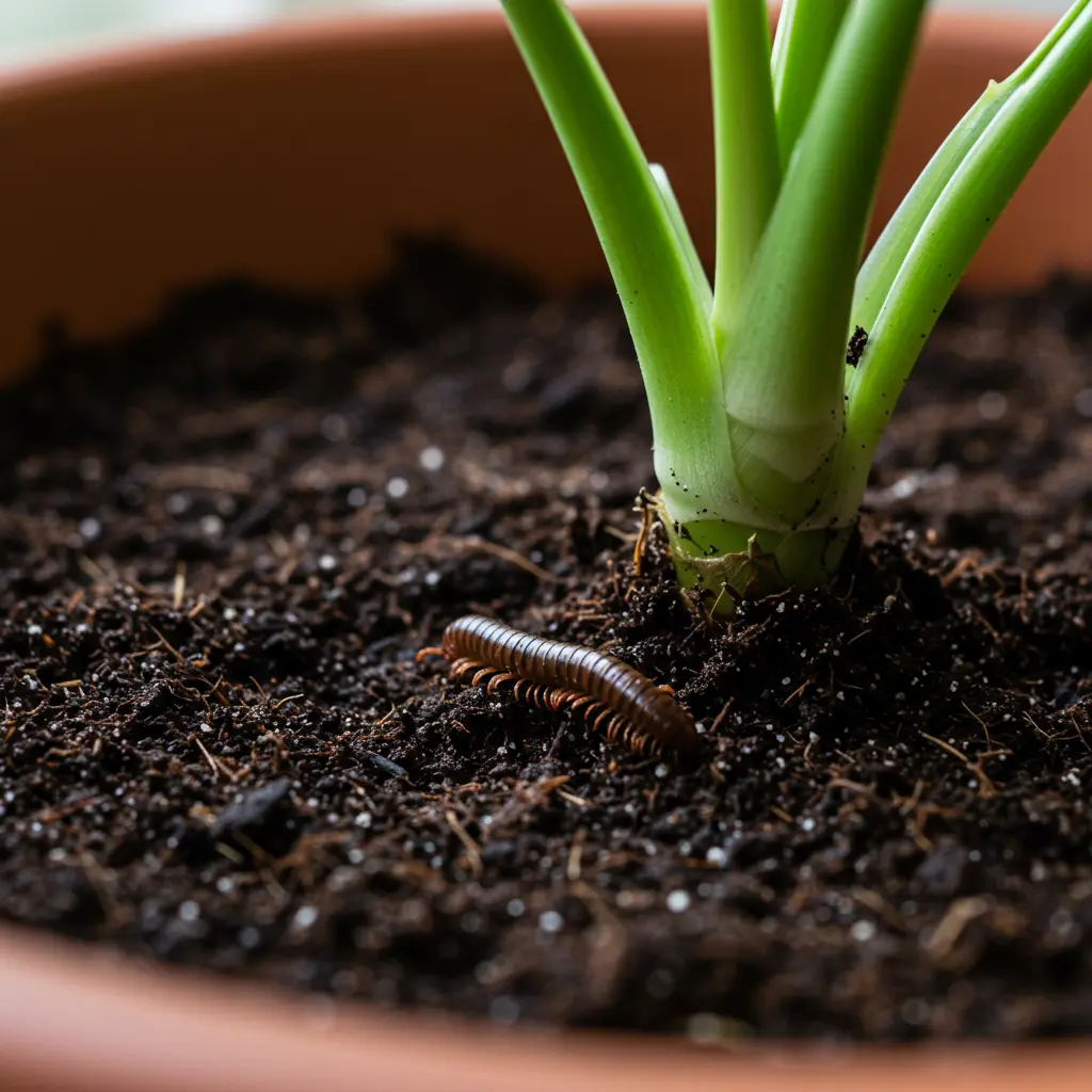 An image illustrating Photorealistic close-up shot of rich, dark potting soil inside a terracotta plant pot. A single, small, dark brown millipede is clearly visible crawling on the soil surface near the base of a healthy green houseplant stem. Soft, natural window light illuminates the scene, creating a slightly concerned but clean mood. Focus is sharp on the millipede and immediate soil. 16:9 aspect ratio. --no text --no multiple bugs