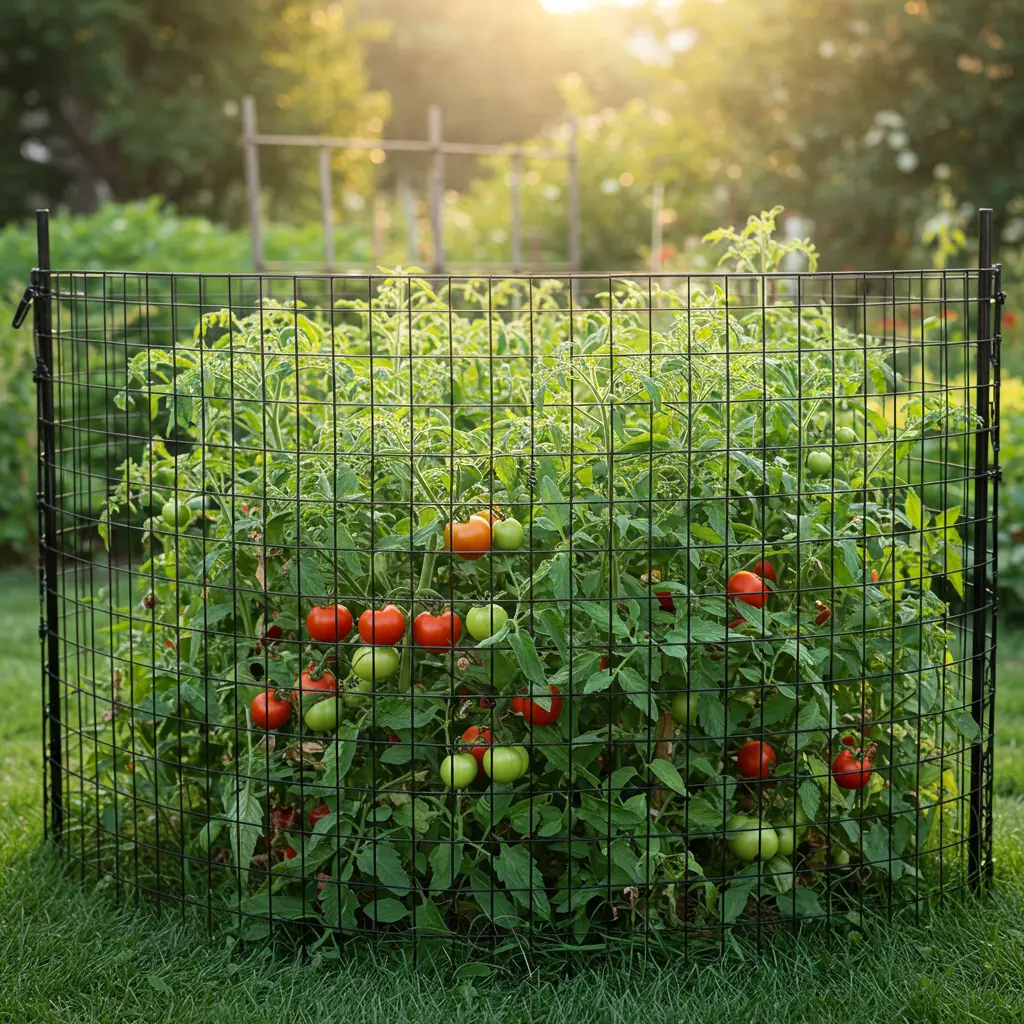 An image illustrating Eye-level, photorealistic shot of a lush home garden tomato patch thriving behind sturdy, tall (approx. 7-8 feet) black mesh deer fencing. Bright, natural morning sunlight illuminates healthy green tomato plants with developing red tomatoes visible. Focus is sharp on the fencing and protected plants, conveying security and success. Background slightly blurred garden elements. Mood is positive, reassuring, problem-solved. 16:9 aspect ratio. --no deer --no people