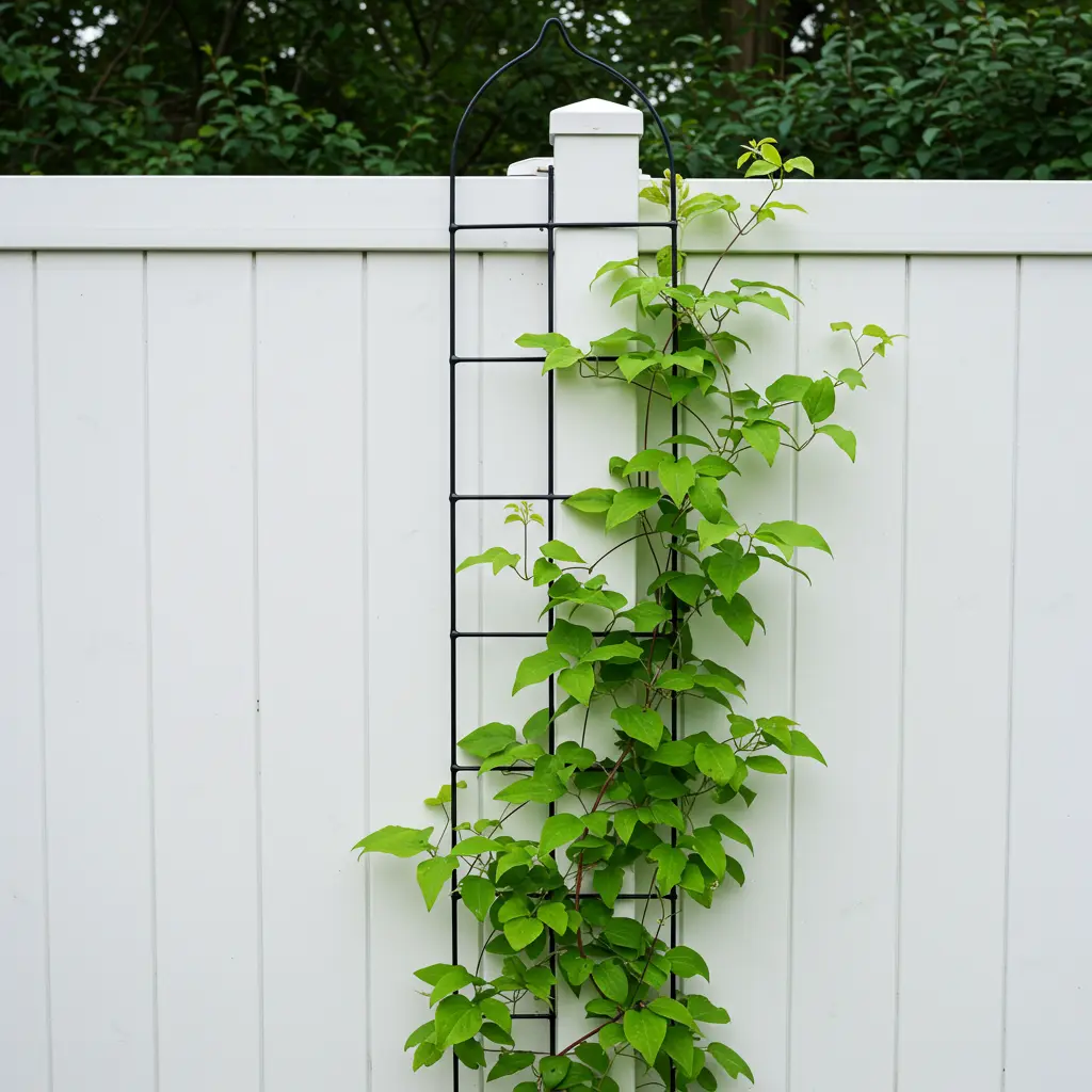 An image illustrating Photorealistic stock photo style, eye-level medium shot of a healthy green Clematis vine gracefully climbing a dark metal detached trellis positioned slightly in front of a clean white vinyl fence panel in a tidy garden setting. Bright, natural daylight illuminates the scene, highlighting the gap between the trellis/vine and the pristine fence. Focus is on the successful, non-damaging planting solution. Vibrant greens and clean whites dominate. Positive, practical, successful garden mood. 16:9 aspect ratio. --no direct contact between vine and fence, --no fence damage, --no English Ivy.