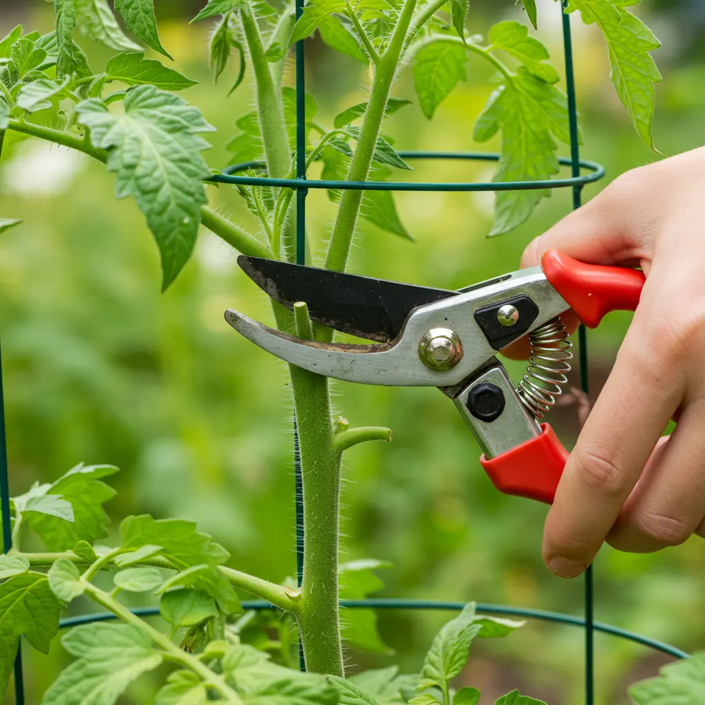 An image illustrating Photorealistic close-up, eye-level view: Gardener's hands using clean pruning shears to carefully 'top' the main stem of a tall, healthy indeterminate tomato plant just above a leaf node. Bright natural sunlight illuminates the vibrant green leaves and stem in a garden setting. Focus is sharp on the cutting action. Background subtly blurred, hinting at a tomato cage. Mood is instructional and reassuring. 16:9 aspect ratio. --no text --no overly complex background