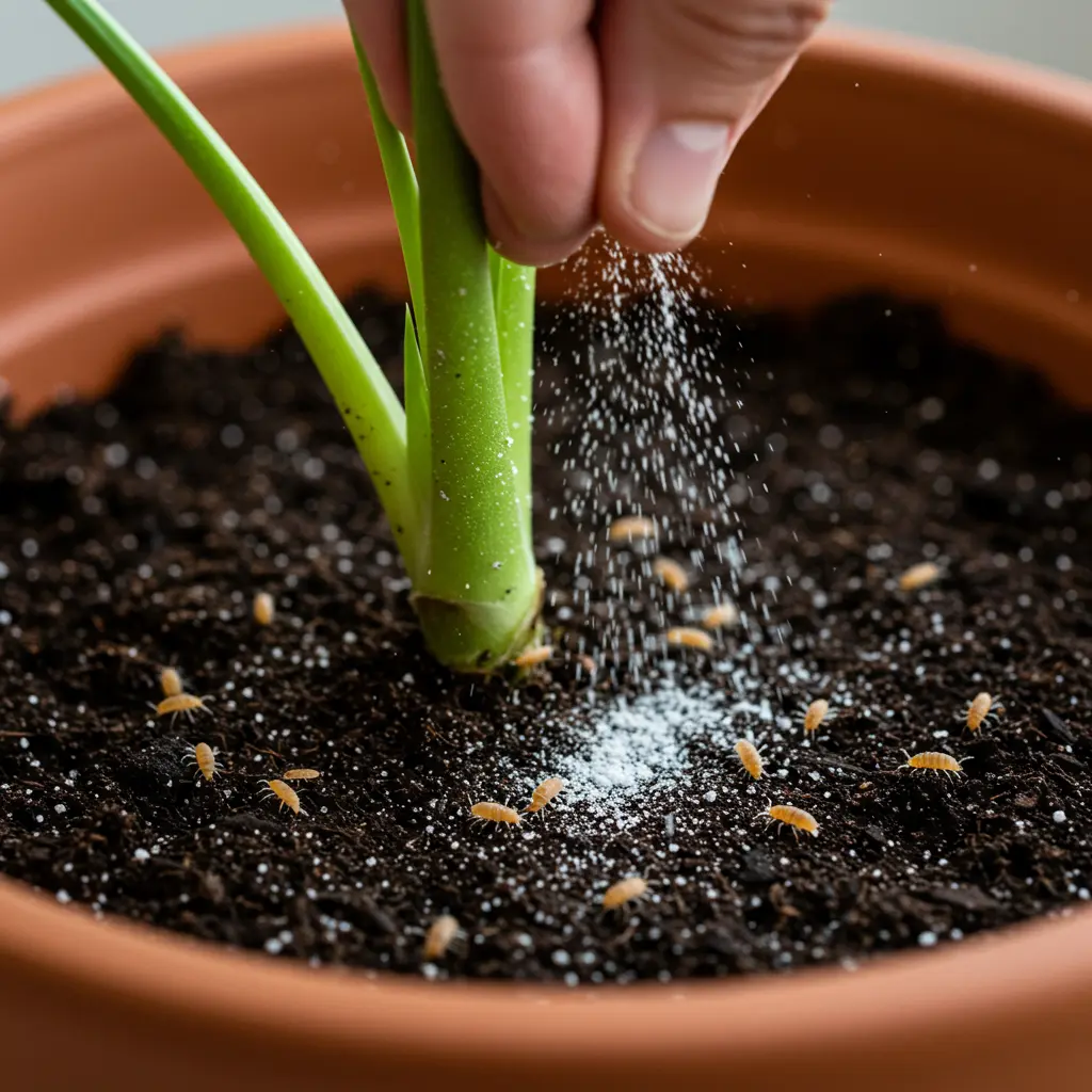 An image illustrating Photorealistic close-up, eye-level view of rich, dark houseplant soil inside a terracotta pot. A few tiny, clearly identifiable soil dwellers (like springtails or a small millipede) are visible on the surface. A hand gently sprinkles a fine white powder (representing Diatomaceous Earth) onto the dry soil surface near the base of a healthy green plant stem. Bright, natural indoor lighting. Focus is sharp on the soil surface action. Natural, reassuring mood. 16:9 aspect ratio. --no overly infested soil --no dying plants --no cartoonish bugs --no text overlays