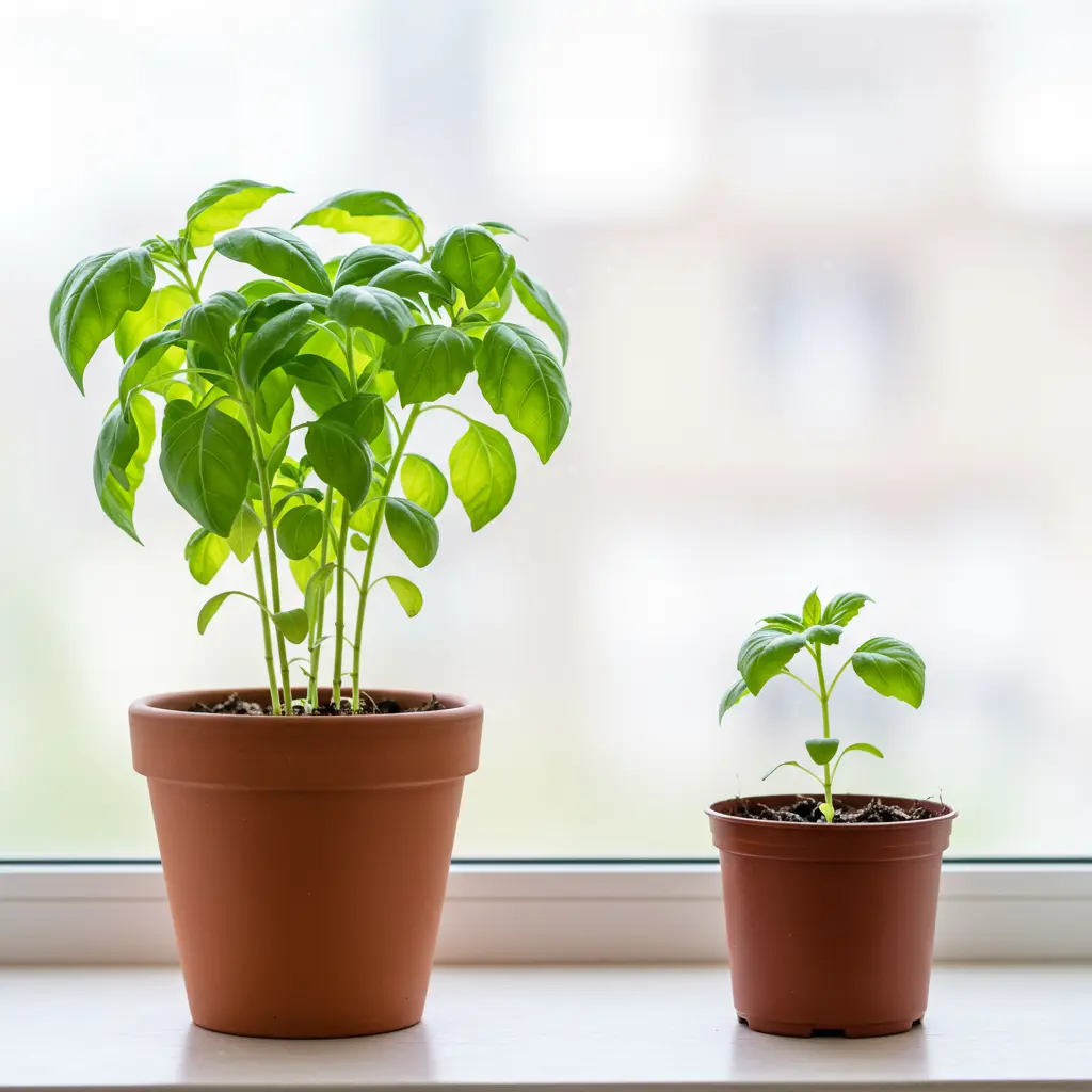 An image illustrating Eye-level, photorealistic shot comparing two identical healthy green leafy plants side-by-side: one thriving in a correctly sized terracotta pot, the other visibly smaller and contained within an undersized, but not unhealthy, plastic pot. Demonstrates size control via pot size. Clean, slightly blurred background, bright natural window light. Informative and clear visual. 16:9 aspect ratio. --no unhealthy plants --no text