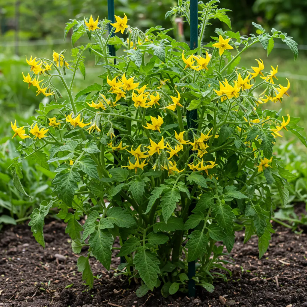 An image illustrating Photorealistic stock photo, 16:9 aspect ratio, eye-level medium shot capturing a vibrant, healthy tomato plant absolutely covered in bright yellow blossoms and tiny green developing fruit. The plant is growing vigorously in rich soil within a sunny garden setting under bright, natural daylight. The mood is hopeful, abundant, and encouraging. Focus is sharp on the flowers and overall plant health. --no people, --no text, --no signs.