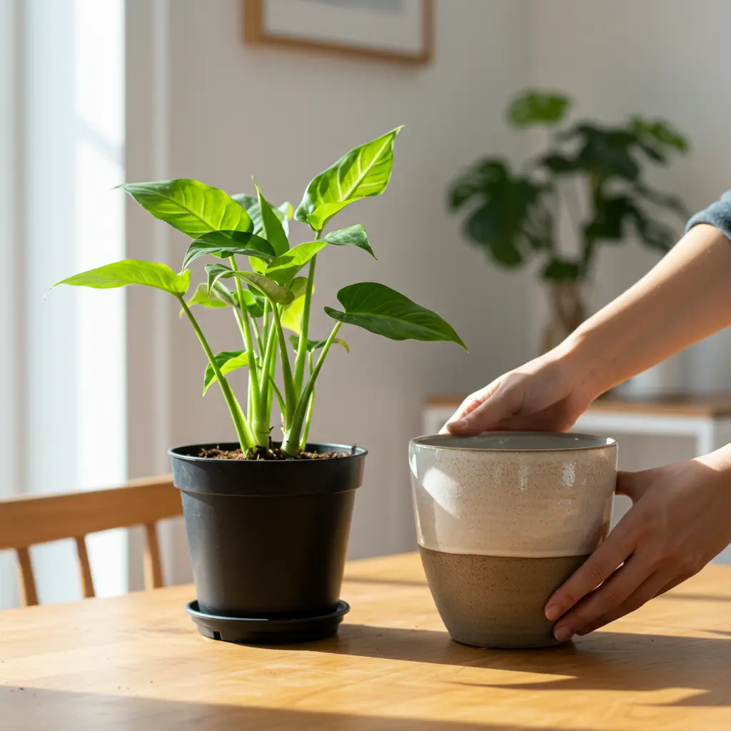 An image illustrating Photorealistic, eye-level shot: A pair of hands gently lowers a vibrant green houseplant in a standard black nursery pot into a beautifully designed ceramic cache pot. The cache pot is visibly about 1-inch wider in diameter than the nursery pot, showcasing a perfect fit. Scene is set on a sunlit wooden tabletop in a bright, minimalist home environment. Focus is sharp on the pots and hands. Mood: helpful, satisfying, successful. 16:9 aspect ratio. --no text --no clutter