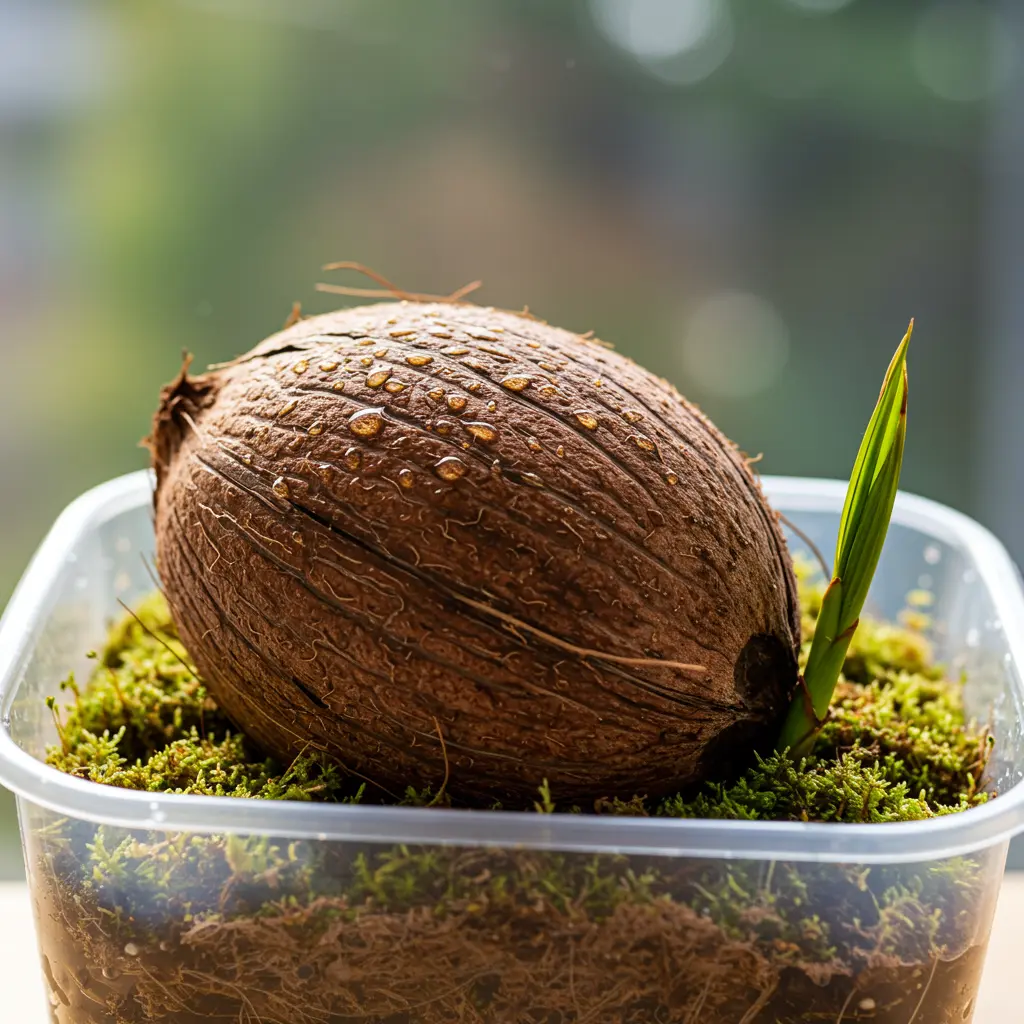 An image illustrating Photorealistic close-up shot of a healthy, husked, store-bought brown coconut resting partially buried on its side in damp sphagnum moss inside a clear plastic container. Gentle, bright natural light illuminates the scene, highlighting moisture droplets on the coconut shell and moss. The background is slightly blurred, focusing attention on the coconut ready for sprouting. Encouraging and practical mood. 16:9 aspect ratio. --no text --no people --no hands.