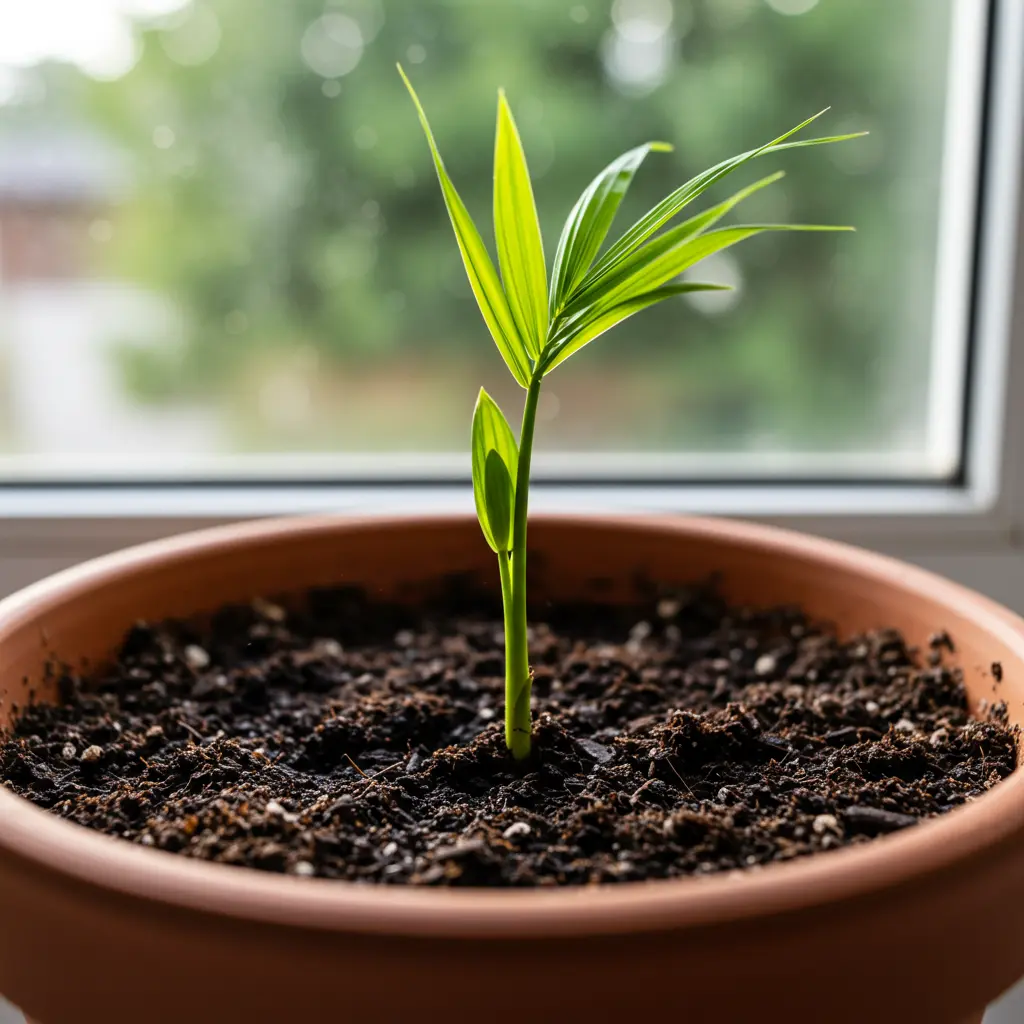 An image illustrating Photorealistic close-up of a vibrant green date palm seedling, showing its initial single 'grass-like' leaf emerging from rich, dark soil in a small terracotta pot. The pot sits on a clean, bright windowsill with soft, natural morning sunlight casting gentle highlights and creating a hopeful, encouraging mood. Focus is sharp on the seedling and soil texture. 16:9 aspect ratio. --no text --no hands