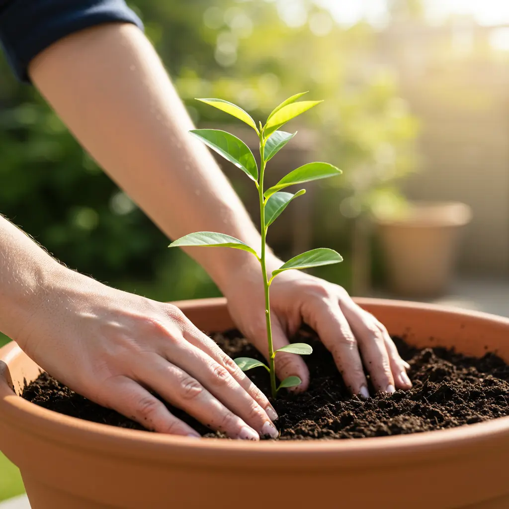 An image illustrating Photorealistic image: Close-up, eye-level view of healthy hands carefully planting a small, vibrant green lime tree sapling into rich, dark soil in a large terracotta pot. Bright, natural sunlight illuminates the scene, set against a softly blurred background of a sunny patio or garden. Focus is sharp on the sapling and hands. Mood is hopeful and instructional. 16:9 aspect ratio. --no text