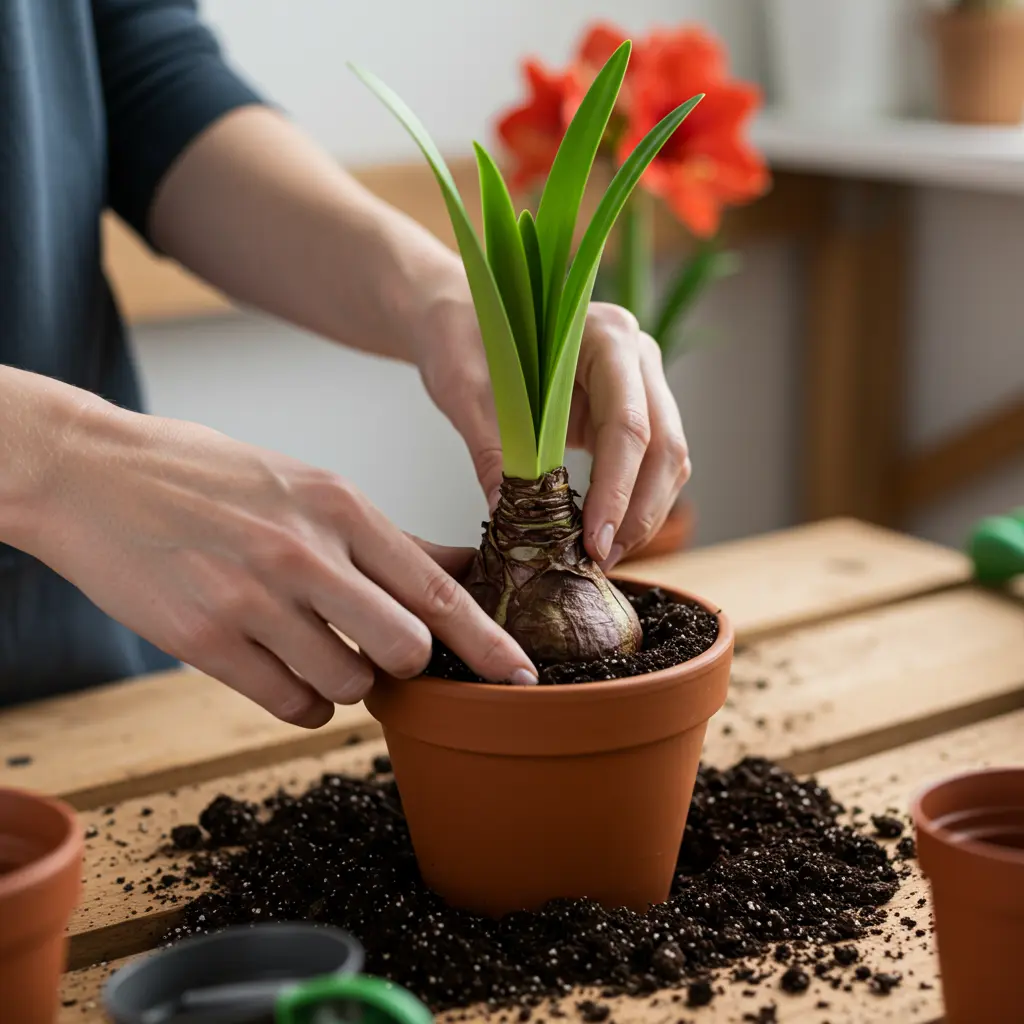 An image illustrating Photorealistic, eye-level close-up shot of an amaryllis bulb being carefully planted in a terracotta pot. One-third of the healthy, firm bulb is visible above rich, dark, well-draining potting soil. Gentle hands are shown positioning the bulb. Bright, natural light illuminates the scene, set on a clean wooden potting bench. In the soft-focus background, a hint of a vibrant red amaryllis bloom suggests future success. Encouraging and instructional mood. 16:9 aspect ratio. --no text --no clutter