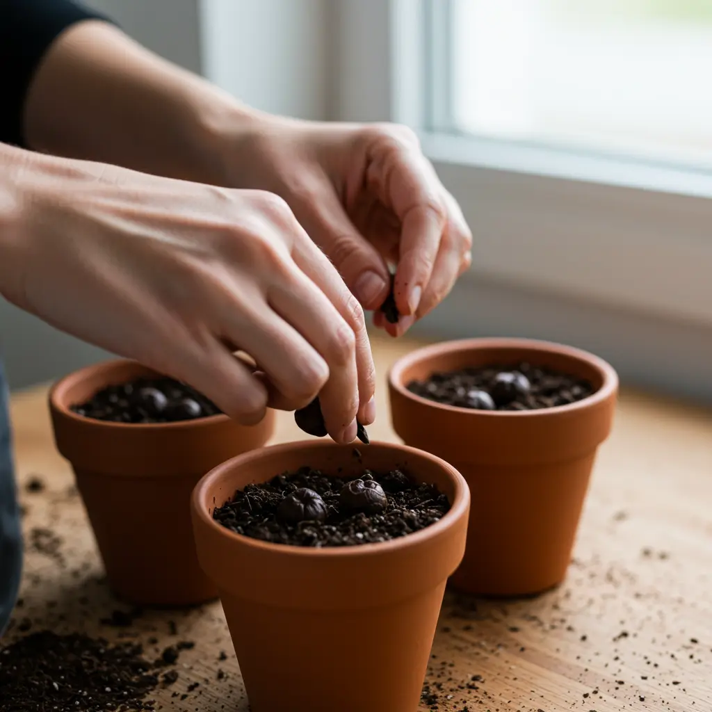 An image illustrating Photorealistic close-up shot of a pair of hands carefully placing a few dark, round peony seeds into prepared, slightly damp, sterile potting mix within small terracotta pots. Soft, natural window light illuminates the scene, conveying a sense of careful preparation and hopeful anticipation. Set against a clean, slightly blurred background suggesting a potting bench or indoor gardening space. Encouraging and focused mood. 16:9 aspect ratio. --no text --no blurry elements