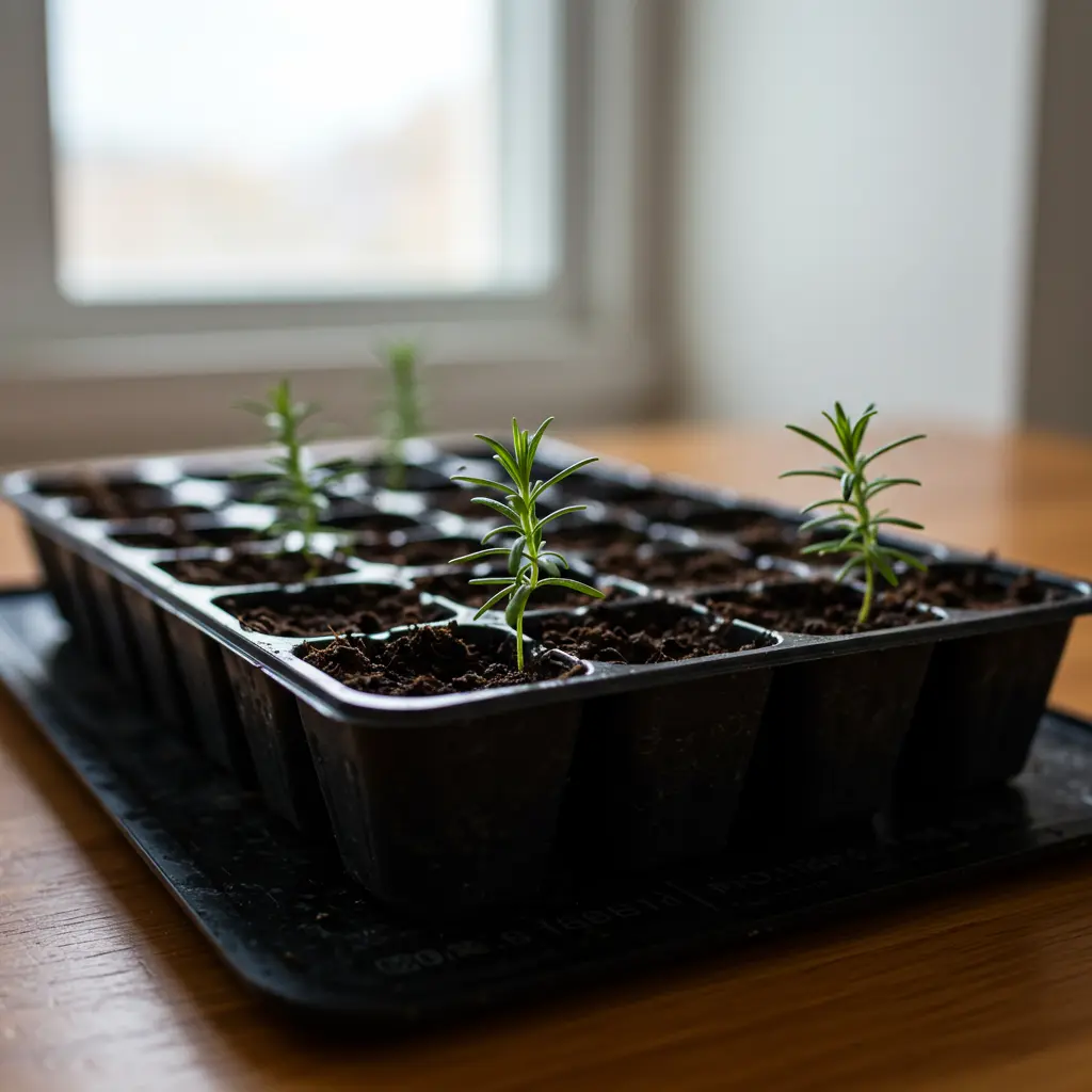 An image illustrating Photorealistic, eye-level close-up shot: A few tiny, vibrant green rosemary seedlings, barely an inch tall, emerging from dark, moist seed starting mix in individual cells of a tray. The tray rests on a visible black heat mat on a clean, wooden tabletop. Soft, bright, natural light from a nearby window illuminates the delicate cotyledons and first true leaves. The overall mood is hopeful, patient, and focused on new growth. 16:9 aspect ratio. --no text, --no hands