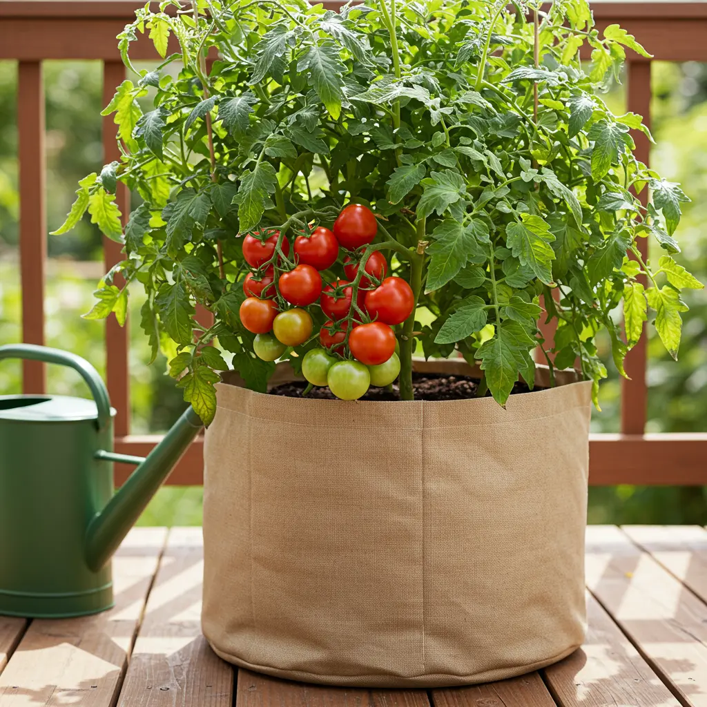 An image illustrating Close-up, eye-level photorealistic stock photo capturing a thriving indeterminate tomato plant heavily laden with clusters of ripening red tomatoes, growing vigorously in a large (approx 15-gallon) light-tan fabric grow bag placed on a wooden deck. Bright, warm, natural sunlight highlights healthy green leaves. A watering can sits partially visible nearby. Focus is sharp on the plant and pot. Encouraging, successful gardening mood. 16:9 aspect ratio. --no text --no people --no pests --no disease.