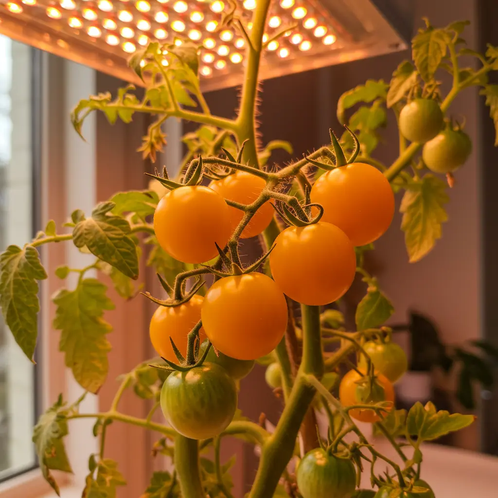 An image illustrating Photorealistic close-up of a healthy, compact indoor tomato plant (like 'Patio Choice Yellow' variety) thriving under a warm LED grow light. Shows several small, bright yellow tomatoes nearing ripeness on the vine alongside some green ones. Clean indoor home setting, soft focus background suggesting a window nearby. Bright, hopeful, and encouraging mood. 16:9 aspect ratio. --no pests --no wilting leaves --no clutter.