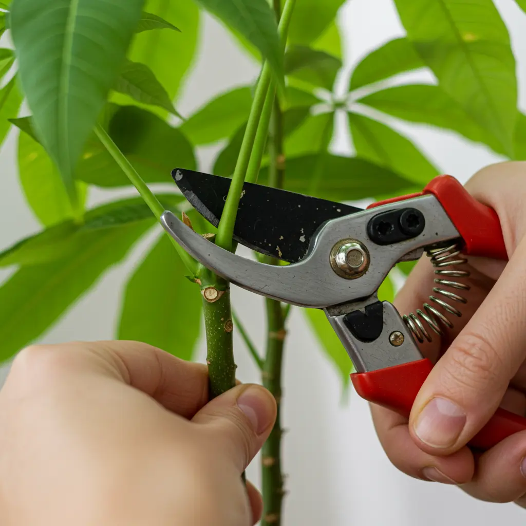 An image illustrating Photorealistic close-up, eye-level view of healthy hands using clean, sharp pruning shears to carefully prune a vibrant green money tree (Pachira aquatica) stem. The cut is precisely shown 1/4 inch above a clear leaf node, suggesting proper technique. Bright, natural indoor light illuminates the healthy leaves and stem. Clean, softly blurred background. Encouraging, instructional, and positive mood. 16:9 aspect ratio. --no text --no damaged leaves.