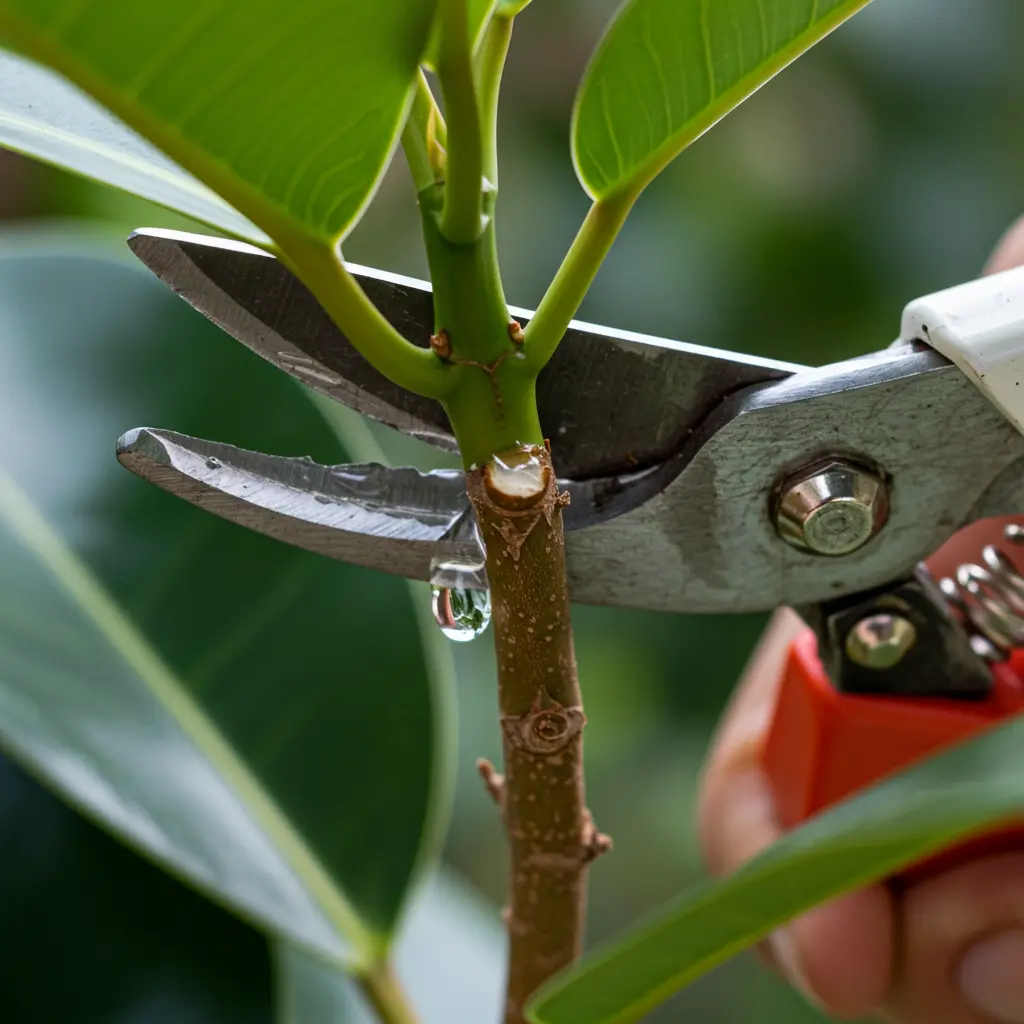 An image illustrating Photorealistic close-up shot focusing on clean, sharp pruning shears making a precise cut just above a visible node (leaf scar) on a healthy Ficus elastica stem. A single drop of milky white sap is visible at the cut. Hands wearing clean gardening gloves hold the shears. Soft, bright natural light illuminates the details. Shallow depth of field blurring the background plant leaves. Reassuring and clear mood. 16:9 aspect ratio. --no text --no overly messy background