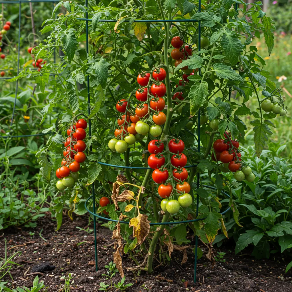 An image illustrating Photorealistic eye-level medium shot of a vibrant, healthy, slightly bushy indeterminate cherry tomato plant thriving in bright natural sunlight in a garden setting. The plant is laden with clusters of ripening red cherry tomatoes. Focus on demonstrating minimal pruning: only a few yellowing lower leaves are removed near the soil, while healthy suckers with fruit remain. The plant is well-supported by a sturdy metal tomato cage. Healthy, deep green leaves, some with dew drops. Mood is abundant, encouraging, and practical. 16:9 aspect ratio. --no severe pruning, --no disease, --no text.