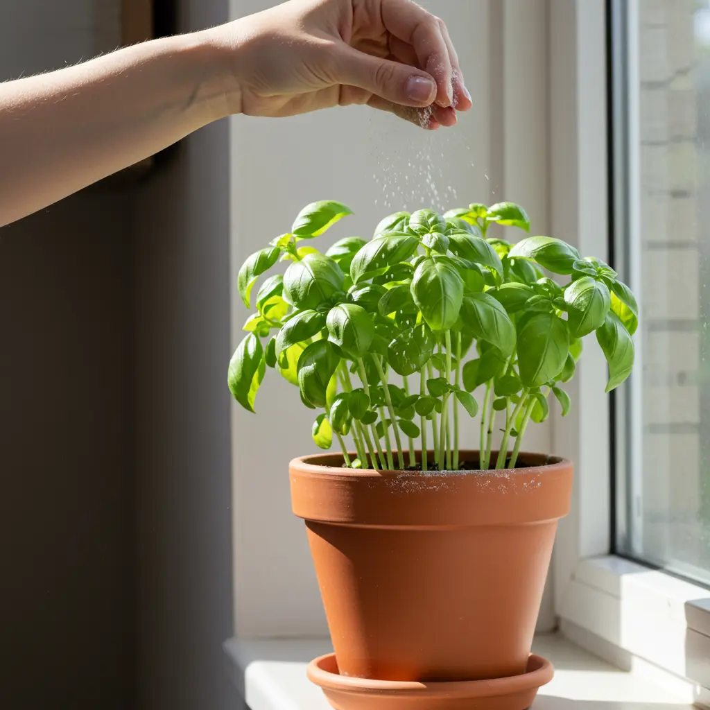 An image illustrating Bright, clean, eye-level shot: A healthy potted basil plant on a sunny kitchen windowsill. A gardener's hand is shown carefully sprinkling a fine line of diatomaceous earth around the rim of the terracotta pot, creating a protective barrier. The scene is well-lit, conveying a sense of proactive, natural pest control. Mood: empowered, practical, effective, and clean. 16:9 aspect ratio. Photorealistic. --no visible ants, --no clutter, --no harsh shadows.