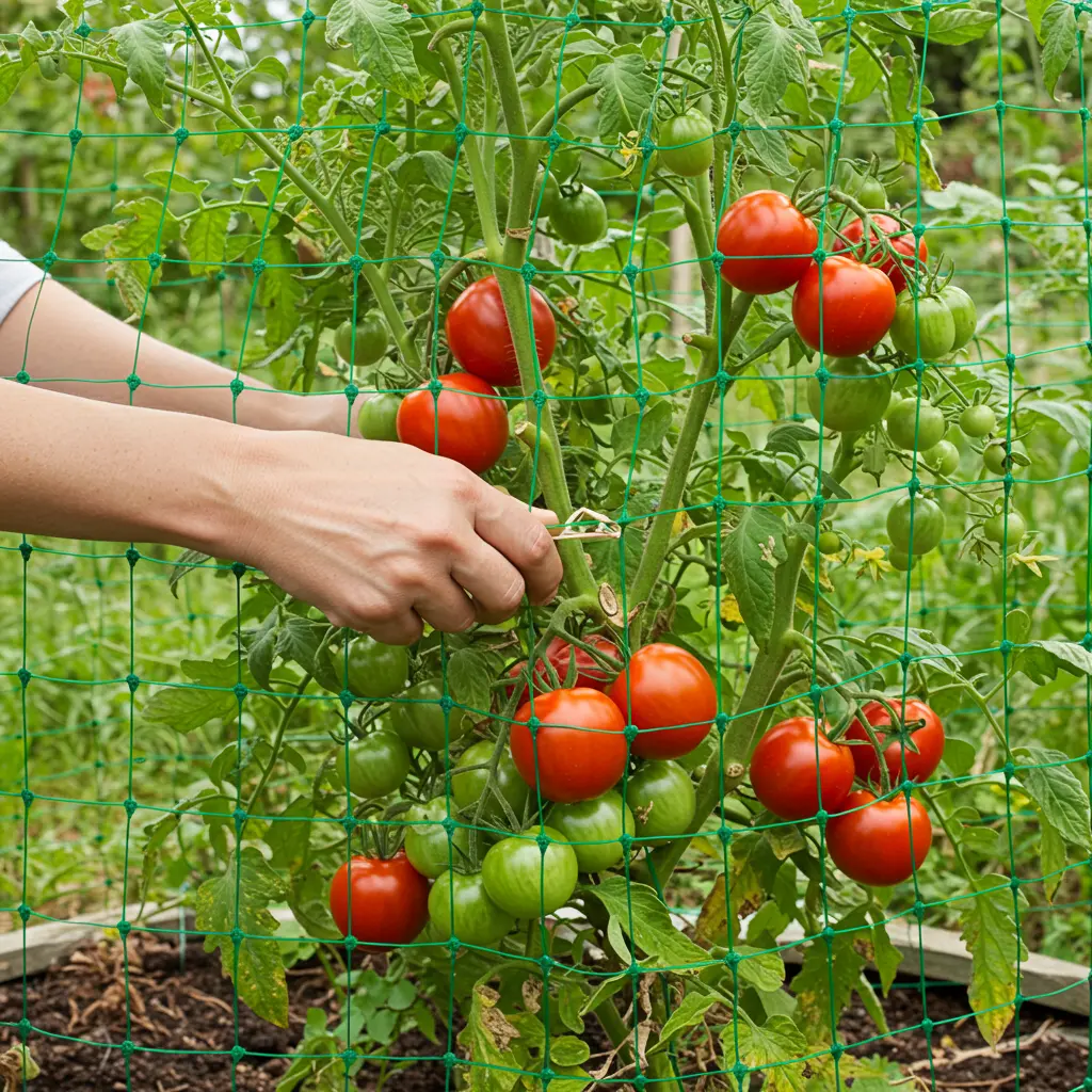 An image illustrating Photorealistic, inviting garden scene: A healthy tomato plant, laden with fruit, is neatly supported by green plastic trellis netting. In the foreground, a gardener's hands (gentle, perhaps wearing simple garden gloves) are visible, adjusting a vine onto the netting. Bright, sunny day, conveying ease and a successful harvest. Focus on clarity of the netting and healthy plant. 16:9 aspect ratio. --no complex tools, --no plant stress, --no wilted leaves.