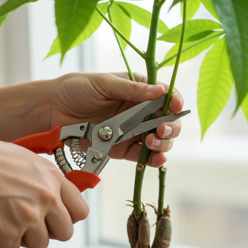 An image illustrating Close-up, photorealistic image: A person's hands gently hold a money tree stem, using clean, sharp pruning shears to make a precise cut just above a visible leaf node. The money tree has healthy, vibrant green leaves. Soft, bright, natural light. The overall mood is encouraging, clean, and educational, highlighting proper technique. 16:9 aspect ratio. --no text --no overly dark shadows.