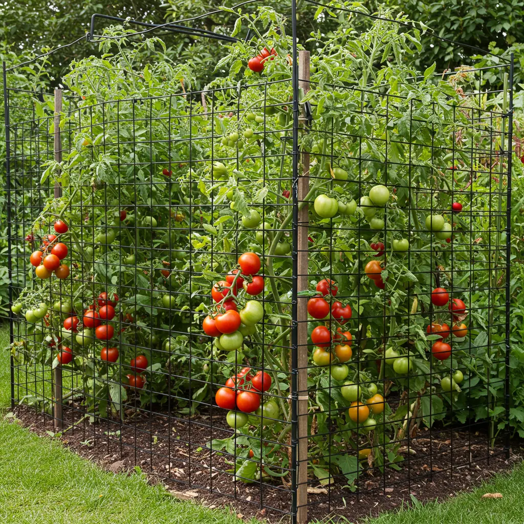 An image illustrating Photorealistic eye-level view of healthy tomato plants bearing ripening red tomatoes, securely protected behind tall, black woven wire deer fencing in a well-maintained home garden. Bright, sunny daytime lighting creating an encouraging and secure mood. 16:9 aspect ratio. --no text --no people