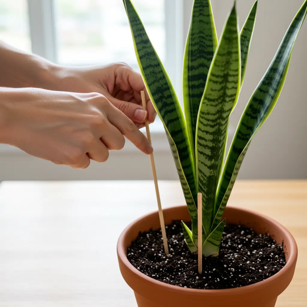 An image illustrating Photorealistic, eye-level view showing hands carefully inserting a thin wooden dowel deep into the soil of a vibrant green snake plant potted in a classic terracotta pot. Scene is set on a clean, light-colored wooden surface near a window casting soft, natural light. Focus is sharp on the dowel entering the soil. Calm, instructional, and encouraging mood. 16:9 aspect ratio. --no distracting background clutter.