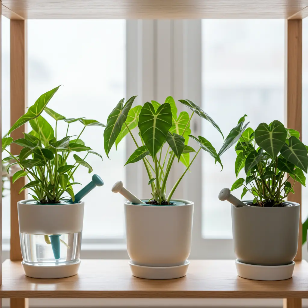 An image illustrating Photorealistic, eye-level shot of three different healthy, vibrant houseplants on a clean wooden shelf in a brightly lit, modern room. Each plant showcases a different long-term watering solution: one with Blumat-style ceramic stakes leading to a neat water reservoir, another with a simple DIY wick system, and a third in a sleek self-watering pot. The scene is organized and visually appealing, conveying a sense of calm, effective plant care for when owners are away. Soft, natural light from a window. Focus on the watering solutions. Mood: Reassuring, prepared, optimistic. 16:9 aspect ratio. --no clutter, --no dying plants, --no text, --no people.