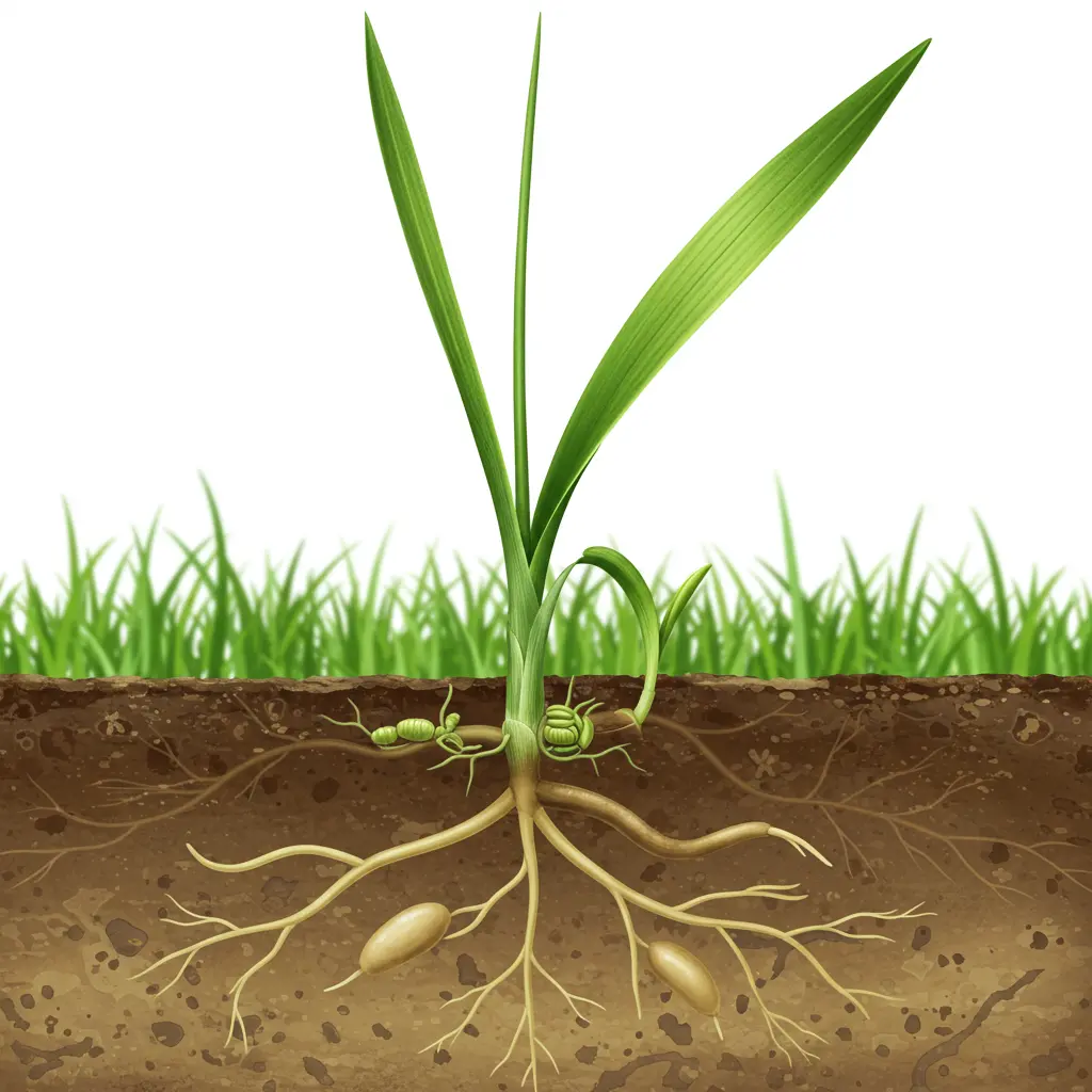 An image illustrating A clear, detailed botanical illustration showing a single grass plant's anatomy. Focus on a vibrant green blade of grass (leaf) connected to its crown at the soil surface. Visible underground are roots and a rhizome spreading horizontally, with a new tiller shoot emerging near the crown. Bright, natural lighting. Colors: fresh greens, light earth tones. Style: Modern educational illustration, clean lines, high detail, slightly stylized for clarity. Mood: Informative, accessible, enlightening. 16:9 aspect ratio. --no text labels --no overly abstract elements.