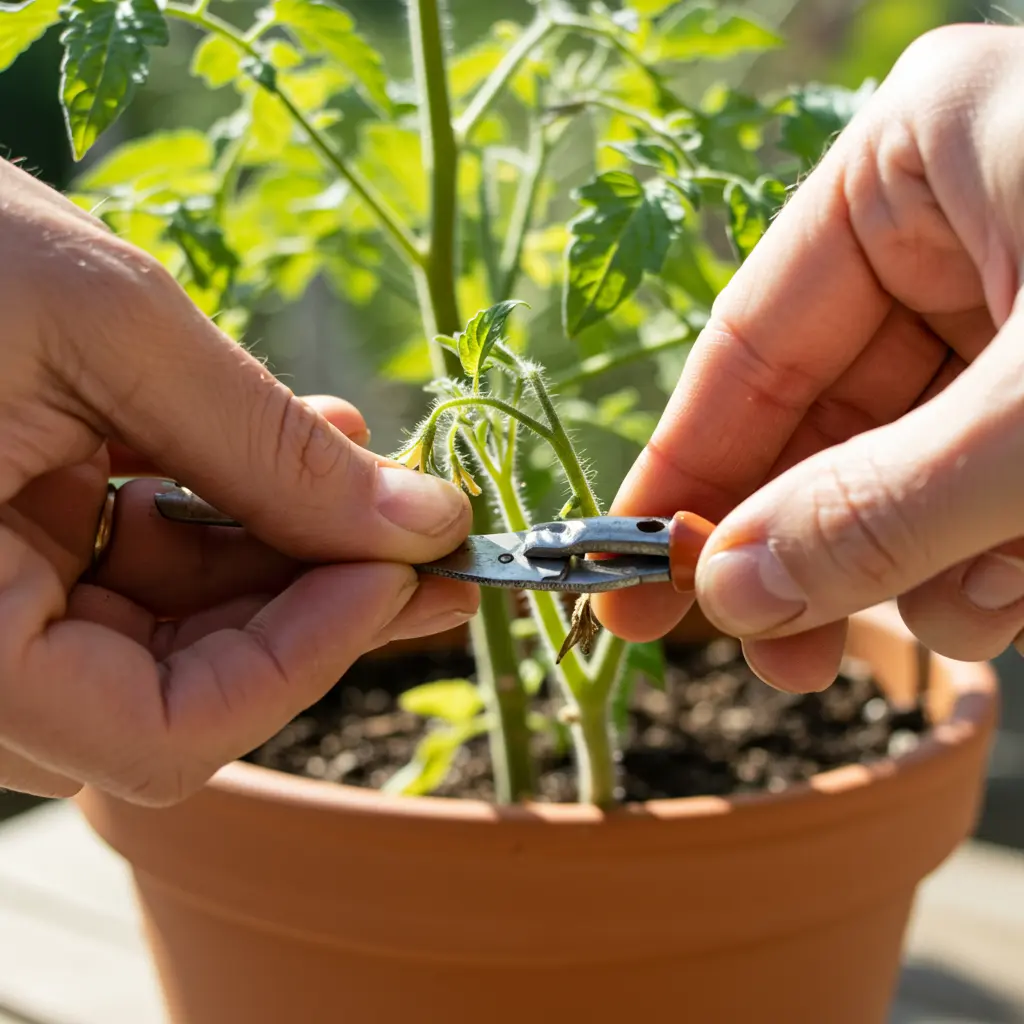 An image illustrating Photorealistic close-up, eye-level shot: A gardener's hands carefully pinch off a small, 2-inch tomato sucker from the axil of a lush, green indeterminate tomato plant growing in a large terracotta pot on a sunny patio. The scene is bathed in bright, natural sunlight. Focus is sharp on the hands and the sucker, with healthy leaves and a few developing green tomatoes visible in the soft-focus background. Mood: encouraging, educational, clean. Aspect ratio 16:9. --no visible faces, --no diseased plants, --no overly large or rusty tools.