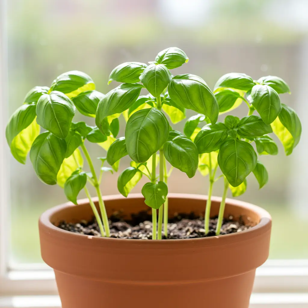 An image illustrating Photorealistic stock image, 16:9 aspect ratio. Eye-level shot of three healthy, vibrant green basil plants thriving in a single, appropriately sized terracotta pot (approx. 10-12 inches diameter). The basil plants are well-spaced, displaying bushy, lush foliage. Bright, natural sunlight illuminates the scene, highlighting the glossy texture of the leaves. Background is a softly blurred sunny kitchen windowsill or garden setting. Focus is on the healthy basil. Mood is encouraging, successful, and fresh. --no wilted plants, --no overcrowding, --no text.