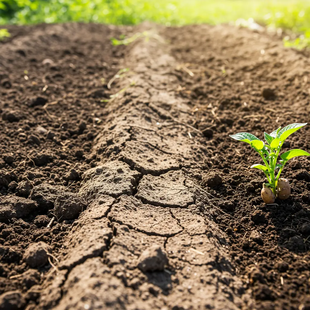 An image illustrating Photorealistic, eye-level close-up showcasing a clear visual comparison of three soil conditions for growing potatoes, arranged side-by-side in a garden bed: 1) dark, wet, muddy soil, 2) dry, compacted, hard clay soil with cracks, and 3) ideal loose, friable, dark loamy soil with a small, healthy potato plant sprouting. Bright natural sunlight, educational and hopeful mood. 16:9 aspect ratio. --no text