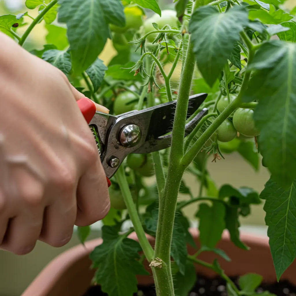 An image illustrating Photorealistic, eye-level close-up: Gardener's hands carefully pruning a tomato sucker from a healthy, vibrant indeterminate tomato plant in a sunlit container. Sharp focus on clean pruners and the 'V' junction of the sucker. Lush green foliage, some unripe green tomatoes visible. Bright, encouraging, educational mood. 16:9 aspect ratio. --no diseased plants --no blurry main subject