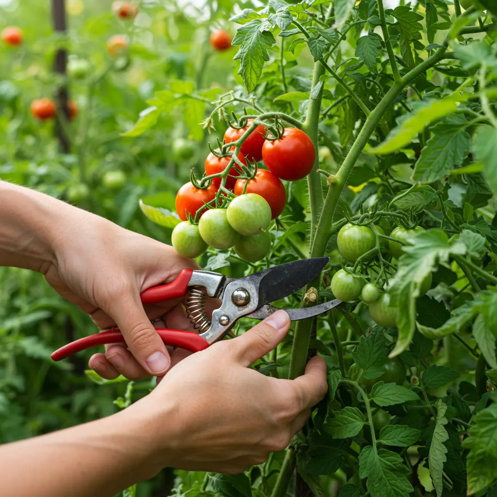 An image illustrating Photorealistic, eye-level medium close-up shot of a gardener's hands gently using clean pruning shears to remove a sucker from a vibrant, healthy indeterminate tomato plant. The plant is lush with green foliage and clusters of green and ripening red tomatoes, growing in a sunny garden. Bright natural sunlight, encouraging and abundant mood. 16:9 aspect ratio. --no diseased plants, --no text.