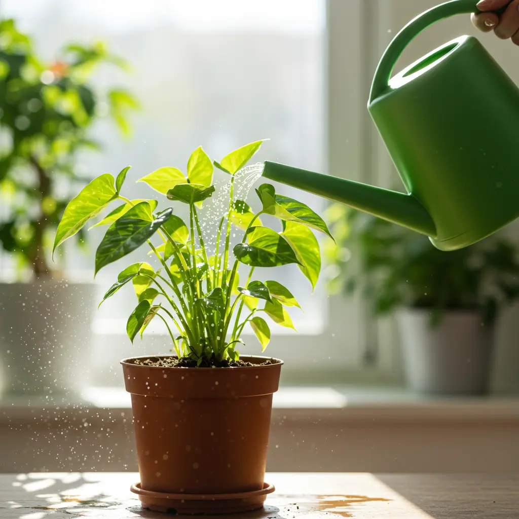 An image illustrating Photorealistic stock photo, eye-level view, 16:9 aspect ratio. A healthy, vibrant green potted houseplant sits in bright, natural morning sunlight. A hand is visible gently watering the soil at the base of the plant with a watering can, carefully avoiding the leaves. The background is slightly blurred but suggests a clean indoor setting with other well-spaced plants hinting at good air circulation. Mood: Reassuring, educational, positive. --no text --no visible disease