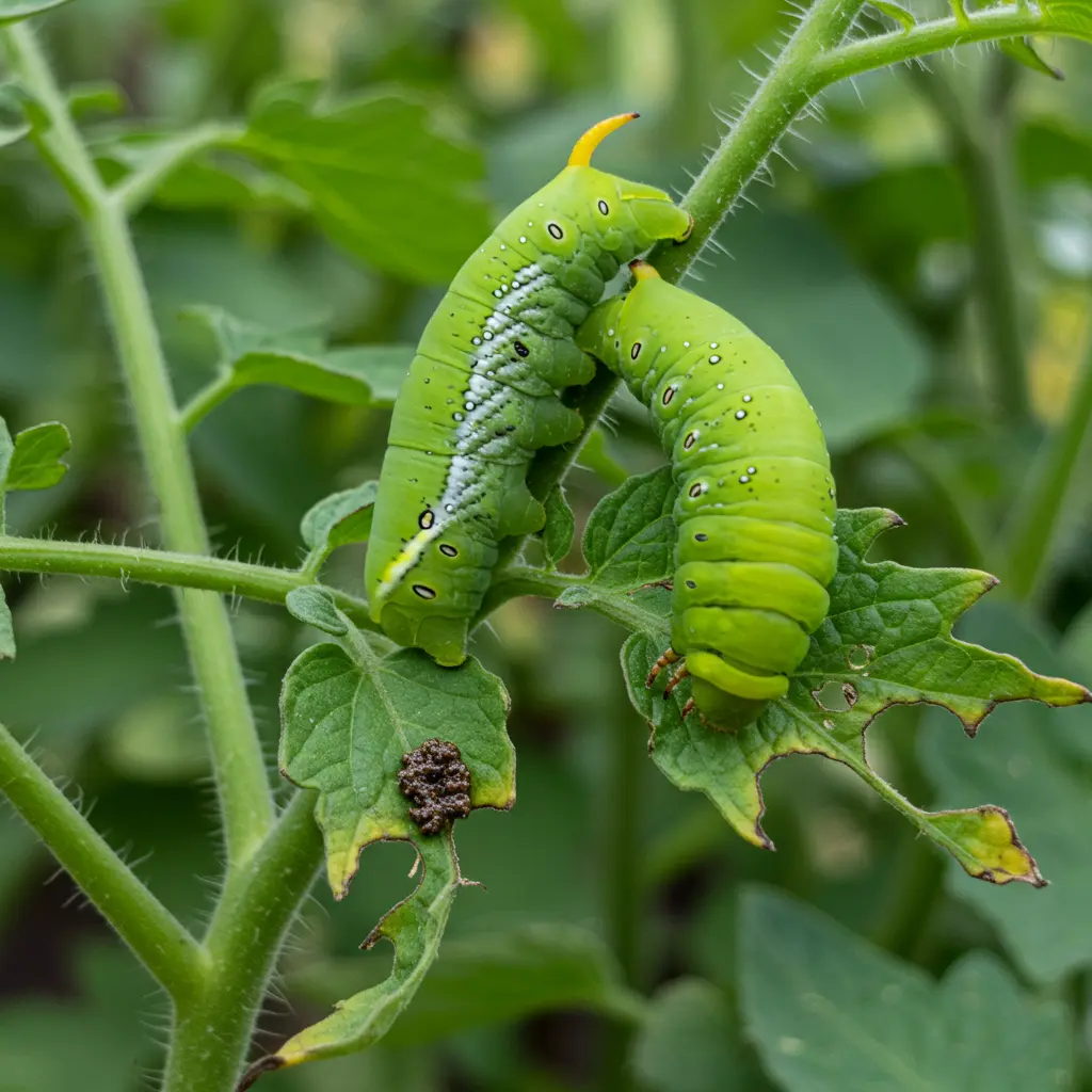 An image illustrating Photorealistic, sharp close-up of a large, bright green tomato hornworm on a tomato plant stem, with visible signs of its presence. Detail characteristic damage: partially eaten tomato leaves with jagged edges, especially near the top of the plant. Include a few distinctive dark frass (droppings) pellets on a leaf below the hornworm. Natural, bright garden lighting. The image should be diagnostic, clearly showing the pest and its tell-tale signs. 16:9 aspect ratio. --no blur --no text.