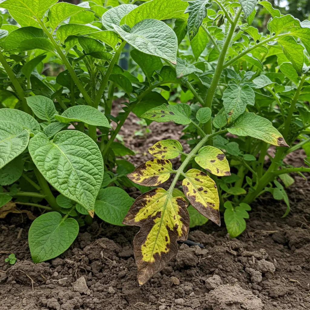 An image illustrating Photorealistic, eye-level shot in a vegetable garden. A healthy potato plant with lush green leaves grows closely beside a tomato plant. The tomato plant's lower leaves clearly exhibit characteristic dark spots and yellowing, indicative of early blight disease, visually highlighting the risk of planting these nightshades together. Soft, natural daylight. Rich garden soil visible. 16:9 aspect ratio. --no text --no people