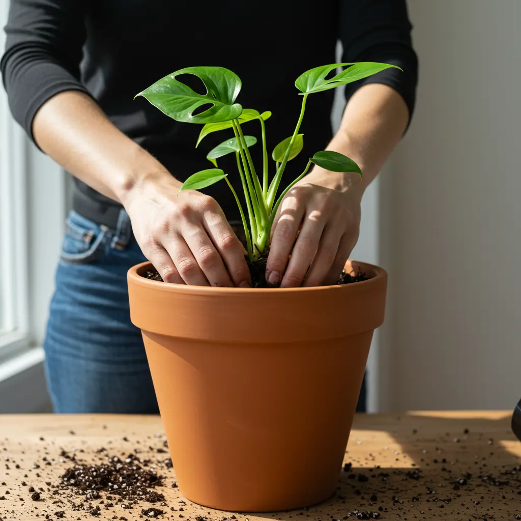 An image illustrating Photorealistic stock photo, eye-level close-up shot, 16:9 aspect ratio. Gentle hands are carefully placing a vibrant, healthy young green plant (e.g., a small monstera or pothos) into a large terracotta pot that is appropriately sized for future growth, not excessively large. The pot is partially filled with a rich, dark, visibly well-draining soil mix containing perlite. Scene is well-lit with bright, soft, natural window light, suggesting an indoor or covered patio setting. Background is clean and slightly blurred to keep focus on the planting action. Overall mood is encouraging, instructional, and hopeful, embodying successful planting. --no text --no clutter.