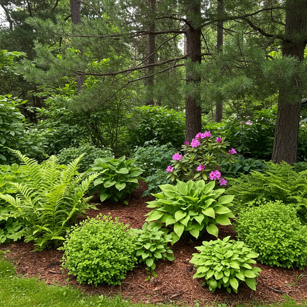 An image illustrating Photorealistic, eye-level medium shot of a lush, thriving garden bed directly beneath mature pine trees. The scene showcases a variety of healthy, shade-tolerant, acid-loving plants such as vibrant green ferns, hostas with varied leaf textures, and a few rhododendrons with subtle pink or purple blooms. Dappled sunlight filters through the pine canopy, illuminating the foliage. Pine needles are visible as a natural mulch on the soil surface between the plants. Pine tree trunks are visible in the background, providing context. The overall mood is serene, hopeful, and inspiring, demonstrating a beautiful solution to gardening under pines. 16:9 aspect ratio. --no barren patches, --no unhealthy plants, --no text, --no people.