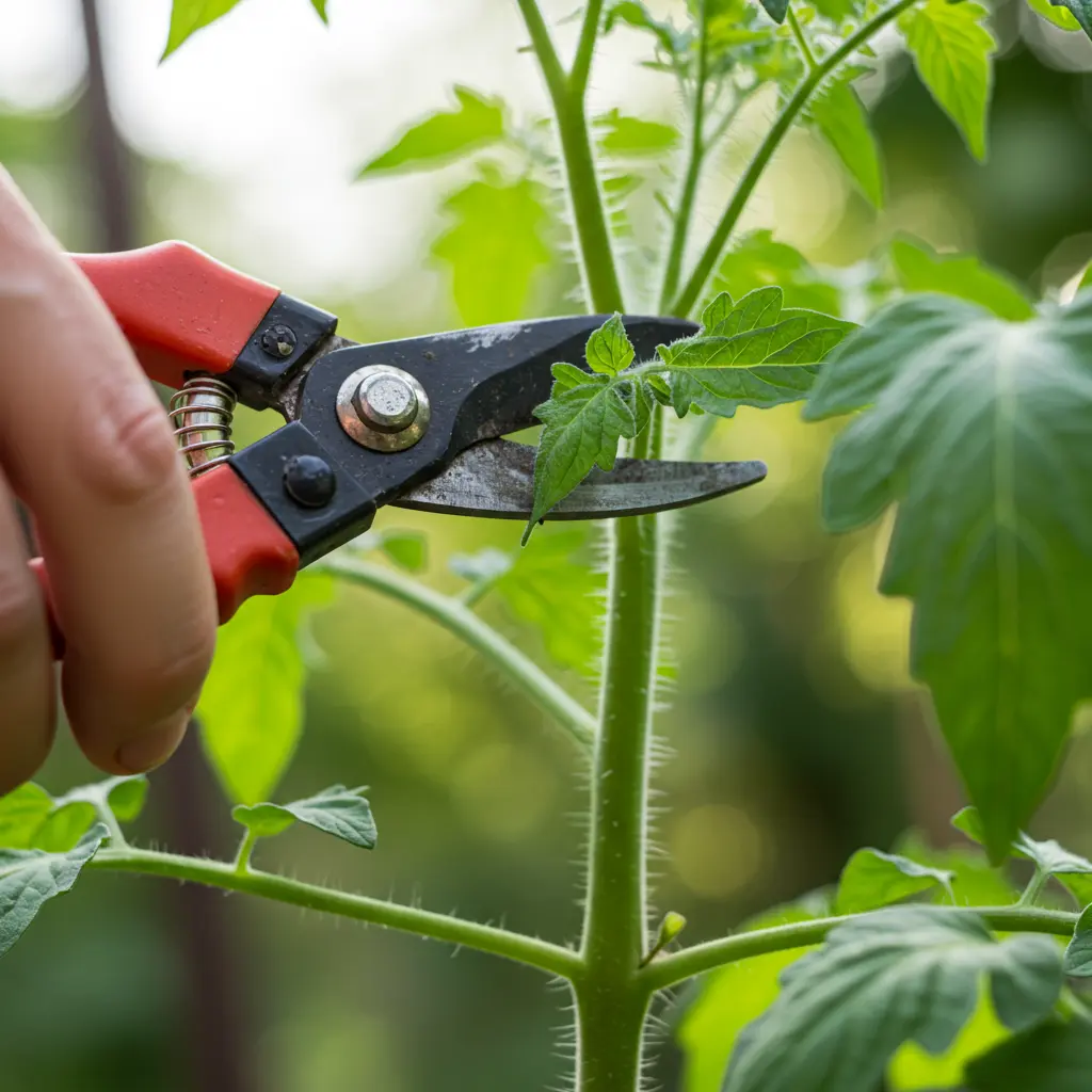 An image illustrating Photorealistic close-up, eye-level view of a healthy young tomato plant stem. A gardener's hands are shown carefully snipping a single lower true leaf (not a cotyledon) from the plant with small, clean pruning shears. The focus is on the precise, gentle removal. Background is a softly blurred garden setting with bright, natural sunlight. Mood: clear, educational, and encouraging. 16:9 aspect ratio. --no diseased leaves, --no text.