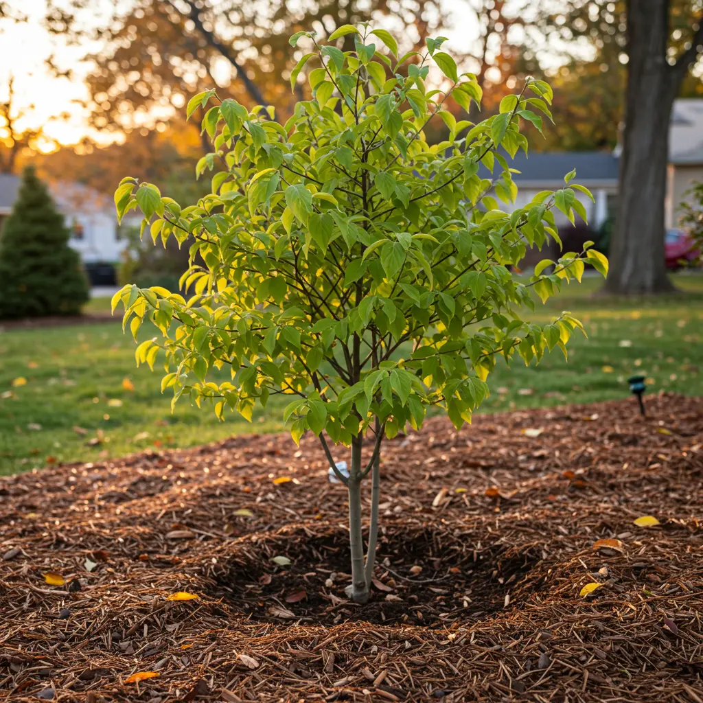 An image illustrating Photorealistic, high-quality stock photo: A vibrant, healthy young dogwood tree, recently planted and neatly mulched in a suburban home garden. The scene is set in early autumn with soft, golden hour lighting, highlighting the fresh green leaves of the dogwood and the rich brown mulch. The tree is small but sturdy, possibly with a discreet support stake. The overall mood is encouraging, practical, and speaks to successful gardening. Eye-level, medium shot. 16:9 aspect ratio. --no people, --no distracting elements in background, --no signs of plant stress.
