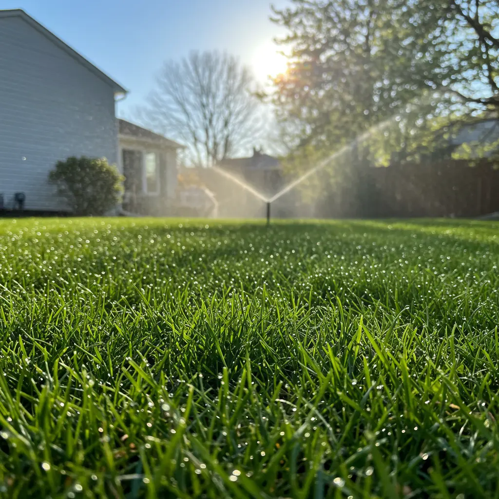 An image illustrating Photorealistic image, 16:9 aspect ratio. Eye-level shot of a lush, vibrant green lawn in a Michigan backyard during spring. Bright, gentle sunlight illuminates dew-kissed grass blades and a patch of healthy, newly sprouted grass seedlings in the foreground, signifying successful spring seeding. A sprinkler head subtly visible in the mid-ground, hinting at proper watering. Background features a welcoming Michigan home with early spring foliage. Mood: optimistic, successful, refreshing. Colors: rich greens, bright sky blue, warm sunlight.